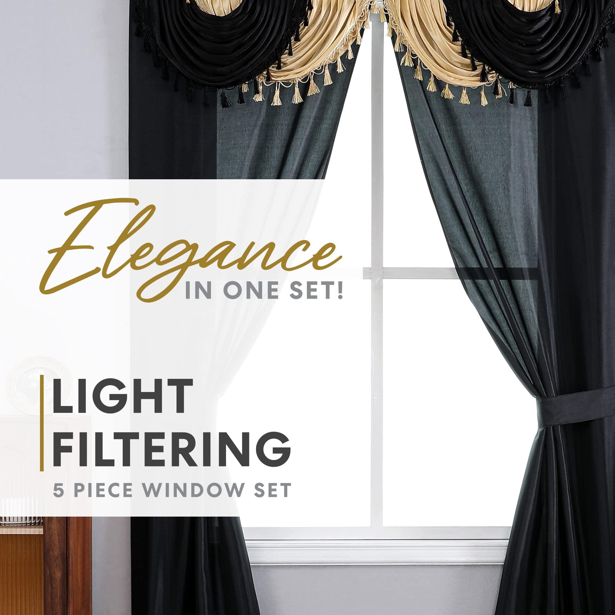 Regal Home Collections Amore 5-Piece Window Curtain Set - 54-Inch W x 84-Inch L Panels with Attached Valance and 2 Tiebacks - Bedroom and Living Room Gothic Curtains (Black/Gold) - Image 3