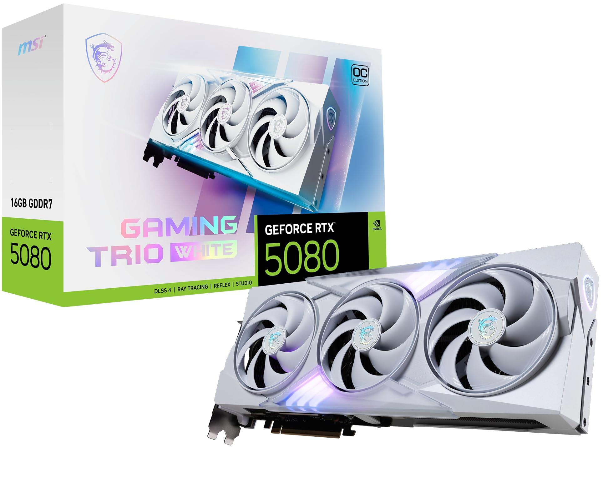 MSI Gaming RTX 5080 16G Gaming Trio OC White Graphics Card (16GB GDDR7, 256-bit, Extreme Clock TBD MHz, DisplayPort x 3 2.1a, HDMI 2.1b, NVIDIA Blackwell Architecture)
