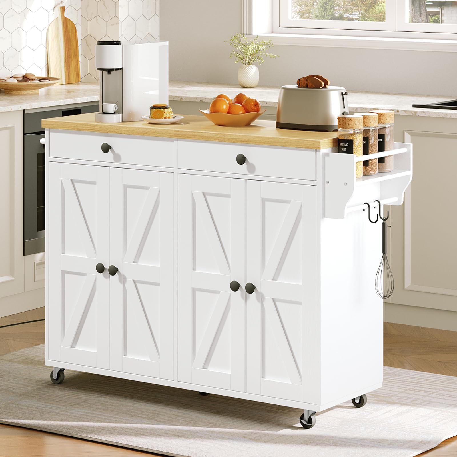 HOOBRO 43.3 Inch Kitchen Island with Charging Station, Rolling Kitchen Island with Storage, Rolling Cart with Spice Rack and Hooks, for Dining, Living Room, White and Natural WN11UZD01