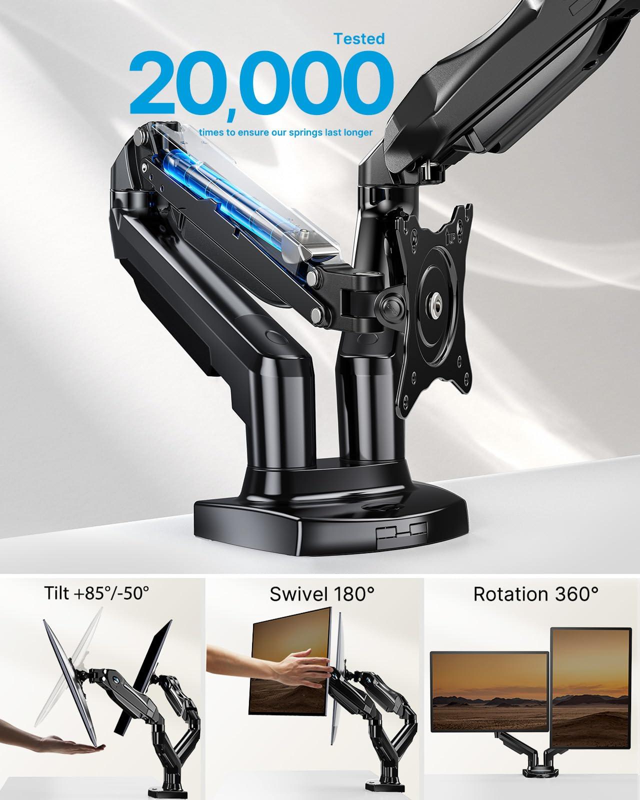 HUANUO Dual Monitor Stand - Full Adjustable Monitor Desk Mount Swivel Vesa Bracket with C Clamp, Grommet Mounting Base for 13 to 32 Inch Computer Screens - Each Arm Holds 4.4 to 19.8lbs - Image 3