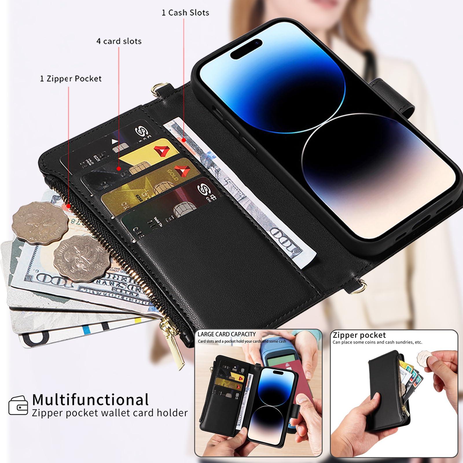 EEIFO for iPhone 16 Pro(6.3 inches) Detachable Wallet Case with Crossbody.Multi-Function 2 in 1 Magnetic Wallet Case with Card Holder.Flip Strap Zipper Phone Case with Shoulder Straps Black - Image 4