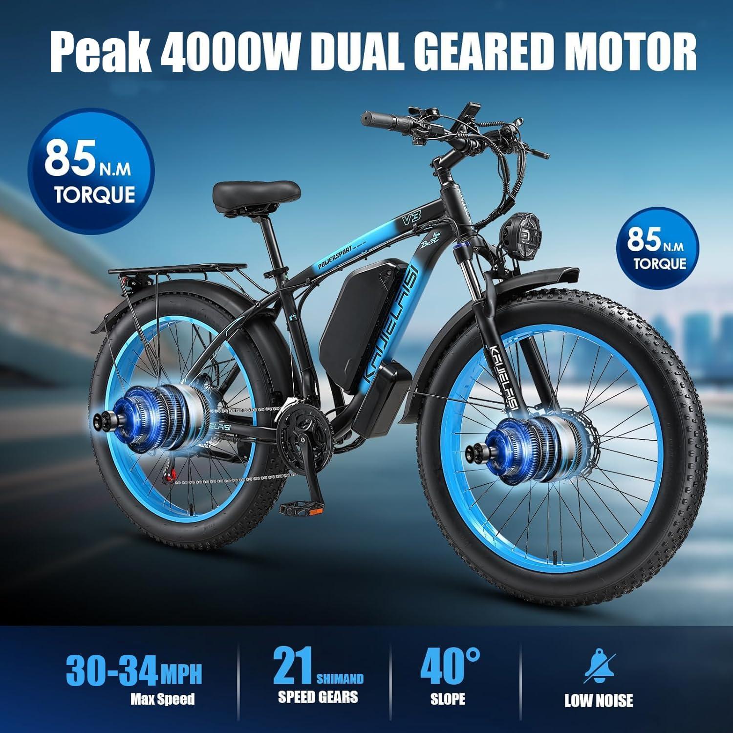 KAIJIELAISI Peak 4000W Dual Motor Electric Bike for Adult, 26 Inch Fat Tire All Terrain Electric Bike with 48V 23AH Battery Long Range E Bike, 21 Speed ​​Electric Dirt Bikes for Men. - Image 3