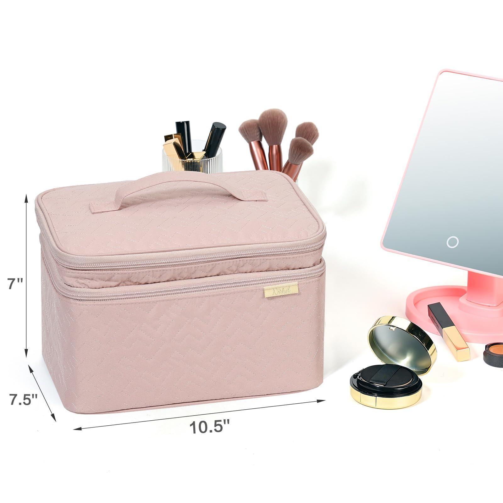 NISHEL Large Double Layer Travel Makeup Bag Women, Cosmetic Case, Organizer for Travel-Size Accessories Bottles, Brushes, Conditioner, and Skin Care Products, Pink - Image 6