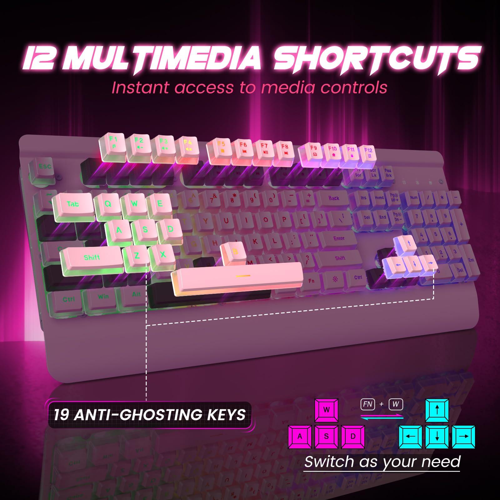 Pink Creamy Keyboard, 104 Keys All-Metal Panel, Rainbow LED Backlit Silent Gaming Keyboard, Wrist Rest, PBT Keycap, Anti-ghosting Keys, Light Up USB Wired Computer Keyboard for PC - Image 5