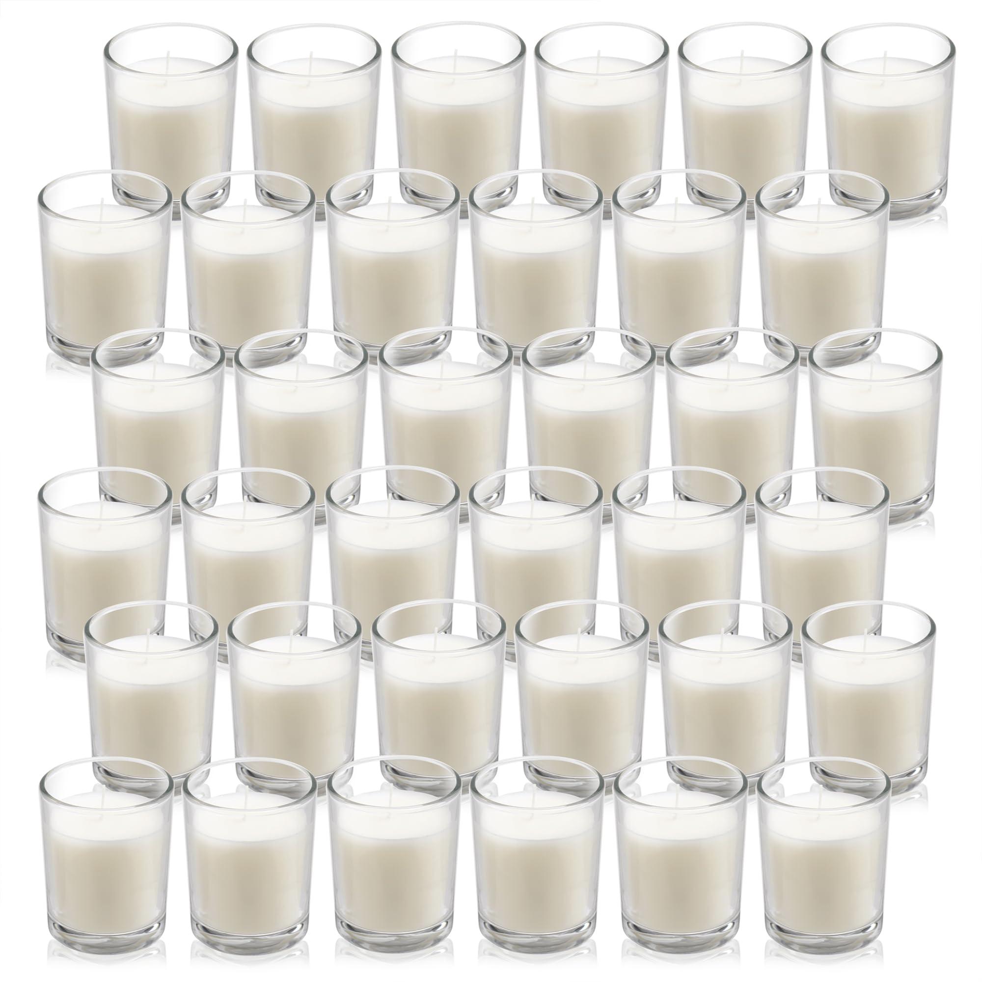 Housecret 36 Pack Warm White Unscented Clear Glass Filled Votive Candles. Hand Poured Wax Candle Ideal Gifts for Aromatherapy Spa Weddings Birthdays Holidays Party