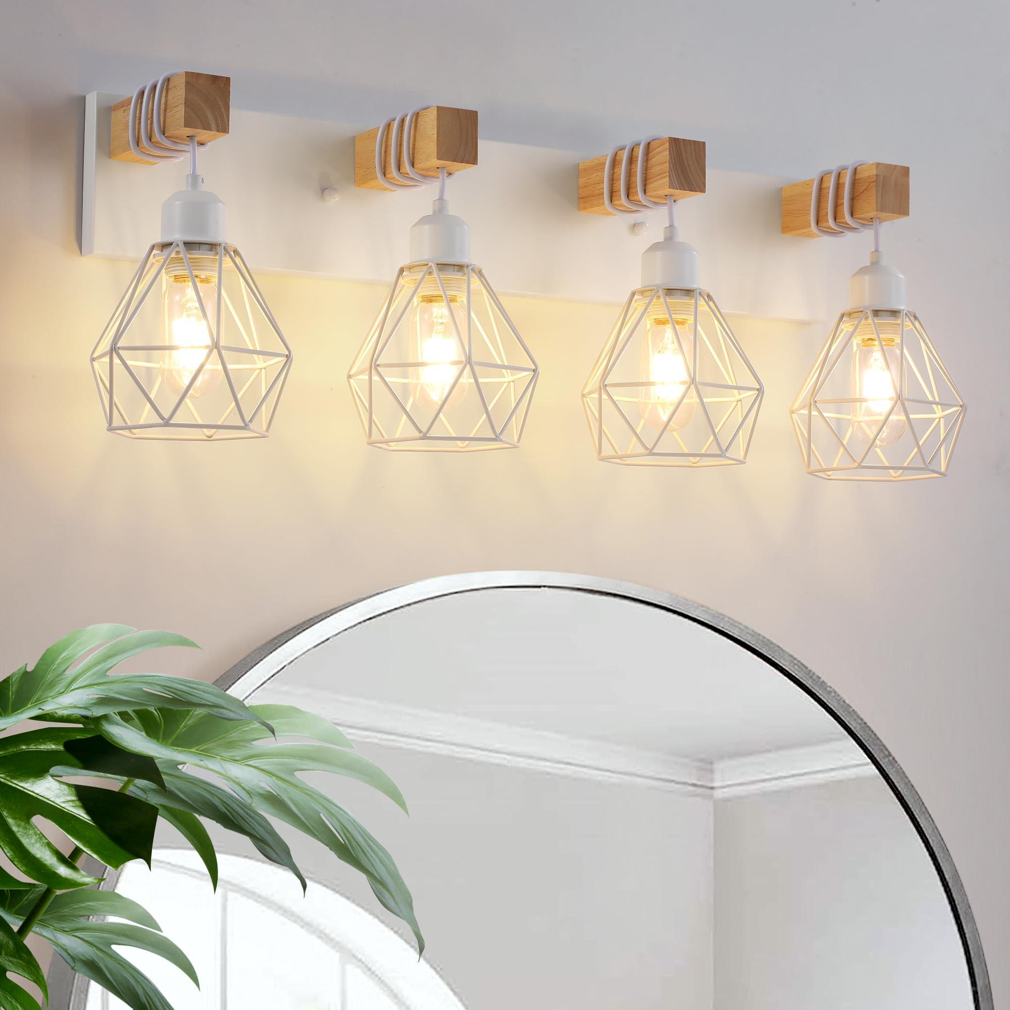 Farmhouse Vanity Light for Bathroom, 4-Light White Wood Bathroom Vanity Light Fixtures Over Mirror, Rustic Sconces Wall Lighting with Metal Lampshade for Living Room, Bedroom, Hallway