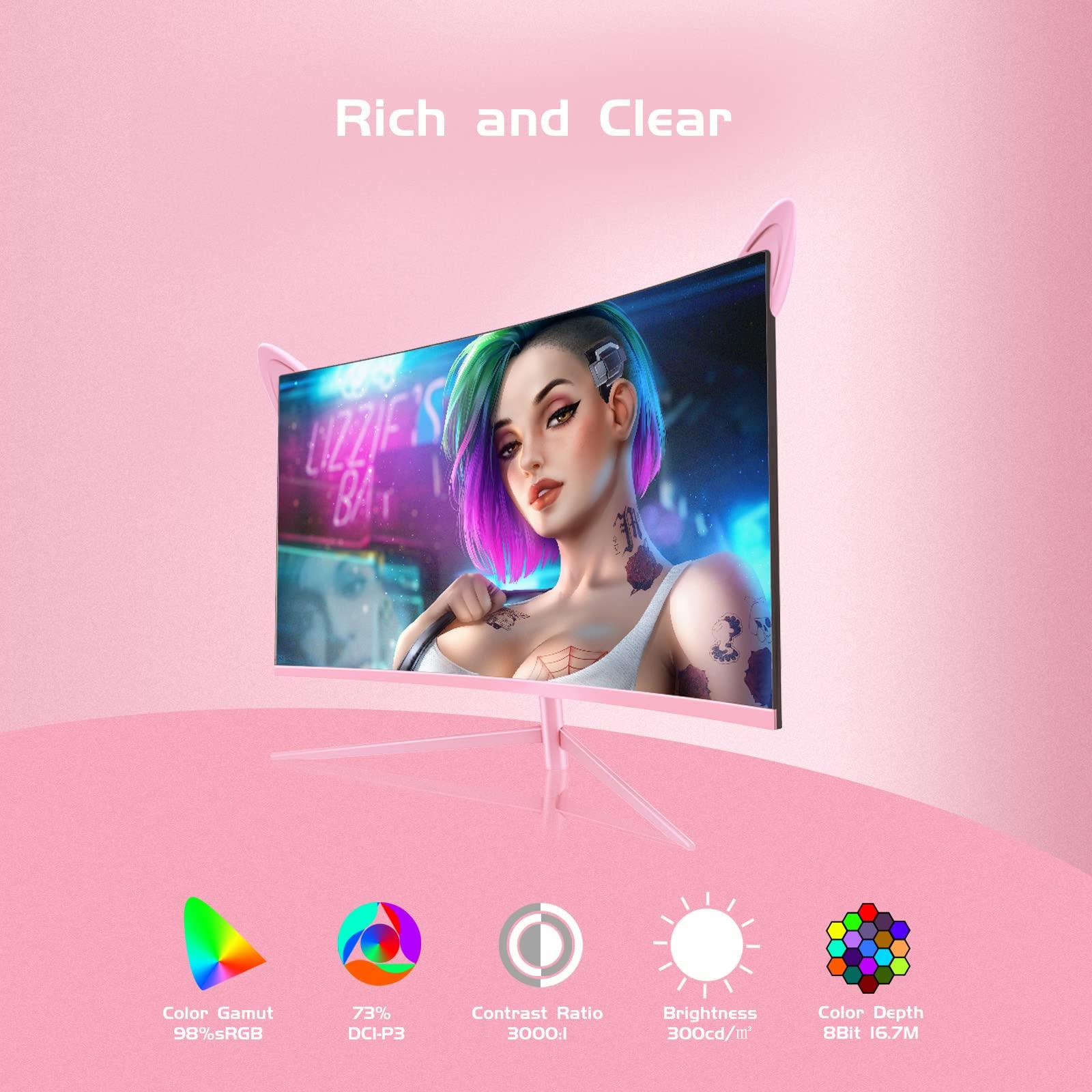 FYHXele FY27QHP Pink Monitor 27 Inch Curved Gaming 165Hz - Support 144Hz 1800R 1ms QHD 2560 x 1440P VA Screen, Built-in Speakers, AMD Free-Sync, HDMI, DP, USB, AUX, Tilt Adjustable - Image 5