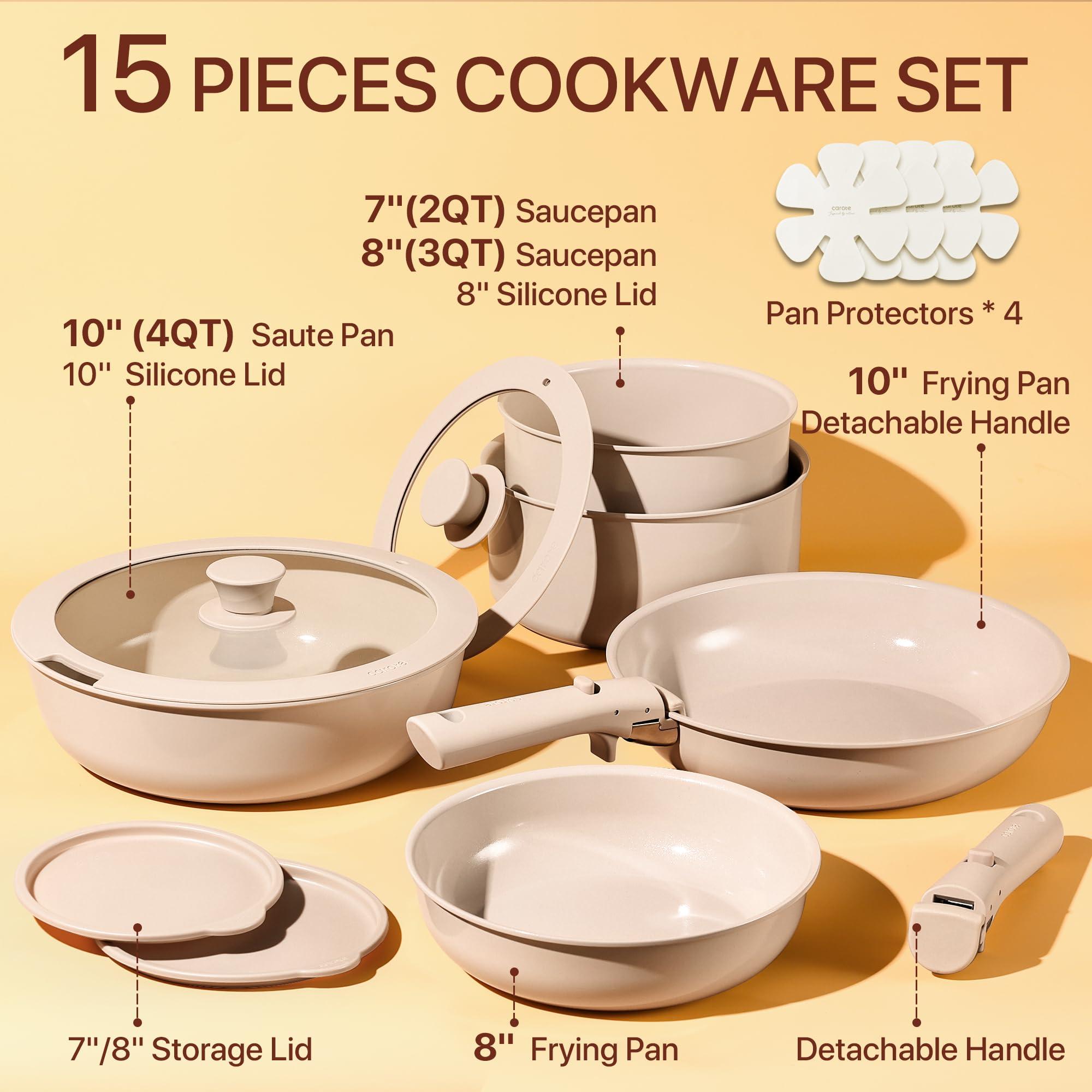 CAROTE Ceramic Cookware Sets, Pots and Pans Set Non Stick Non Toxic, Induction Cookware, Kitchen Cookware Sets, Pots Set for Healthy Coooking 15PCS, Taupe - Image 3