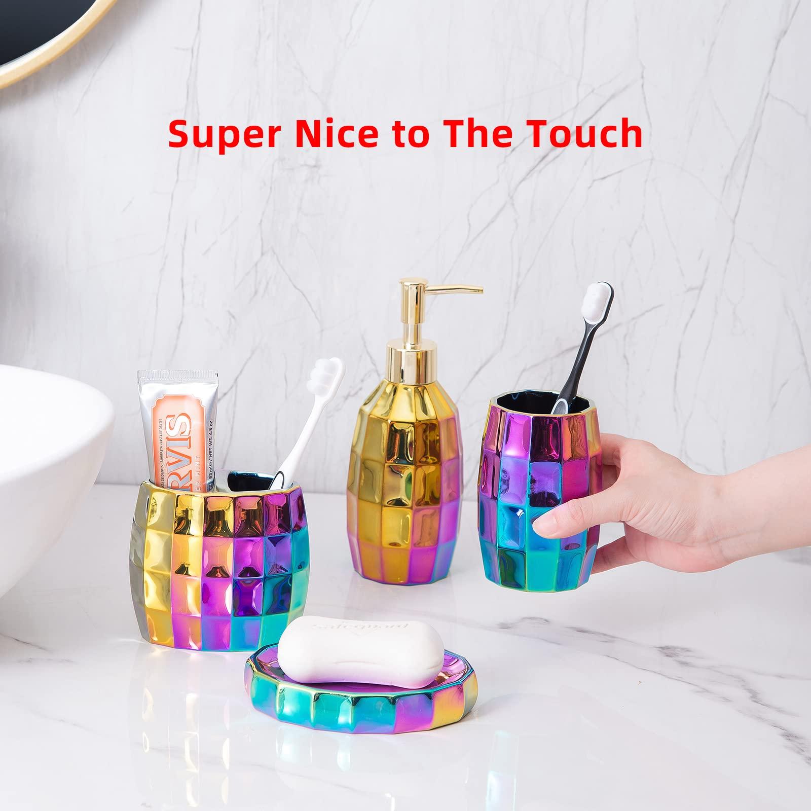 Rainbow Bathroom Accessory Set, Colorful/Gold Mosaic Ceramic Bathroom Accessories Sets Includes Lotion Dispenser, Toothbrush Holder Tumbler, and Soap Dish - Image 2