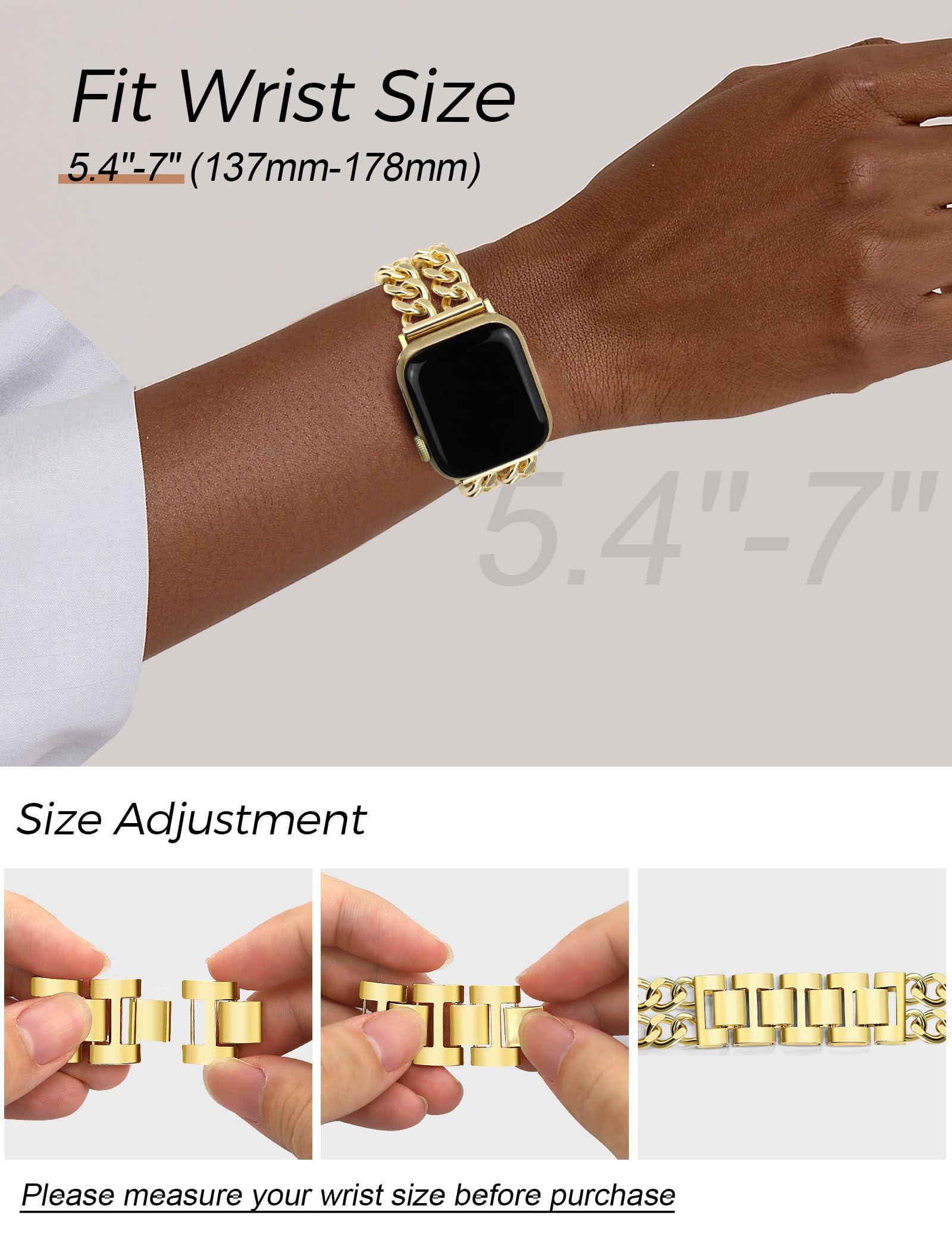 JR.DM Gold Watch Bands for Women Compatible with Apple Watch Band 38mm 40mm 41mm 42mm (S10) Adjustable Metal Band Cowboy Steel Chain Bracelet for iWatch Series1/2/3/4/5/6/7/8/9/10/SE (No Case) - Image 6