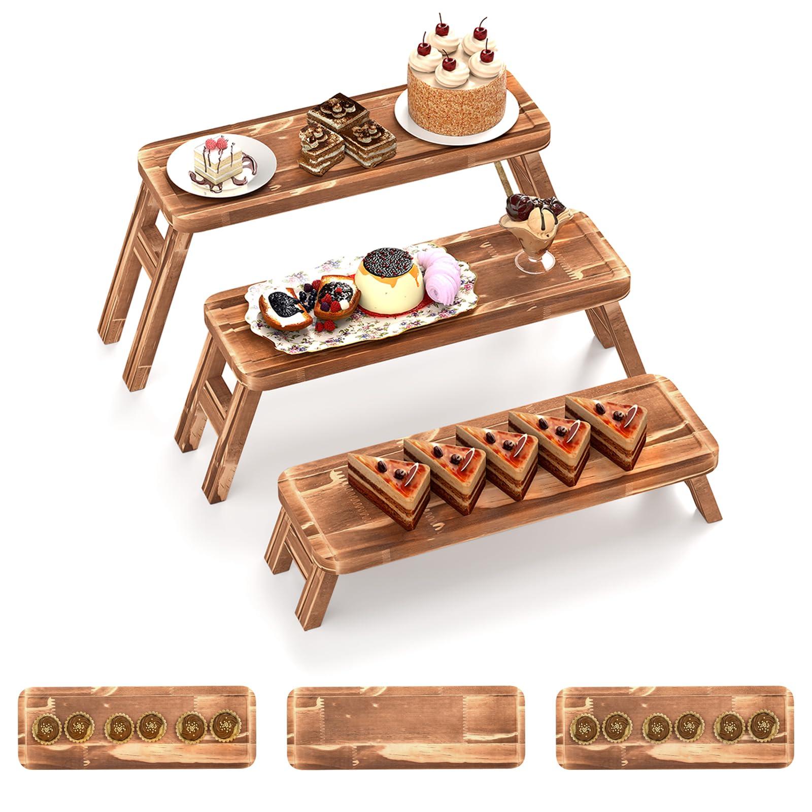 Tcatec 3 Tier Serving Tray Foldable, Acacia Wooden Cupcake Tower Display Set, Stackable Dessert Stand for Birthday, Wedding, Buffet, Party, 3 Different Sizes Height