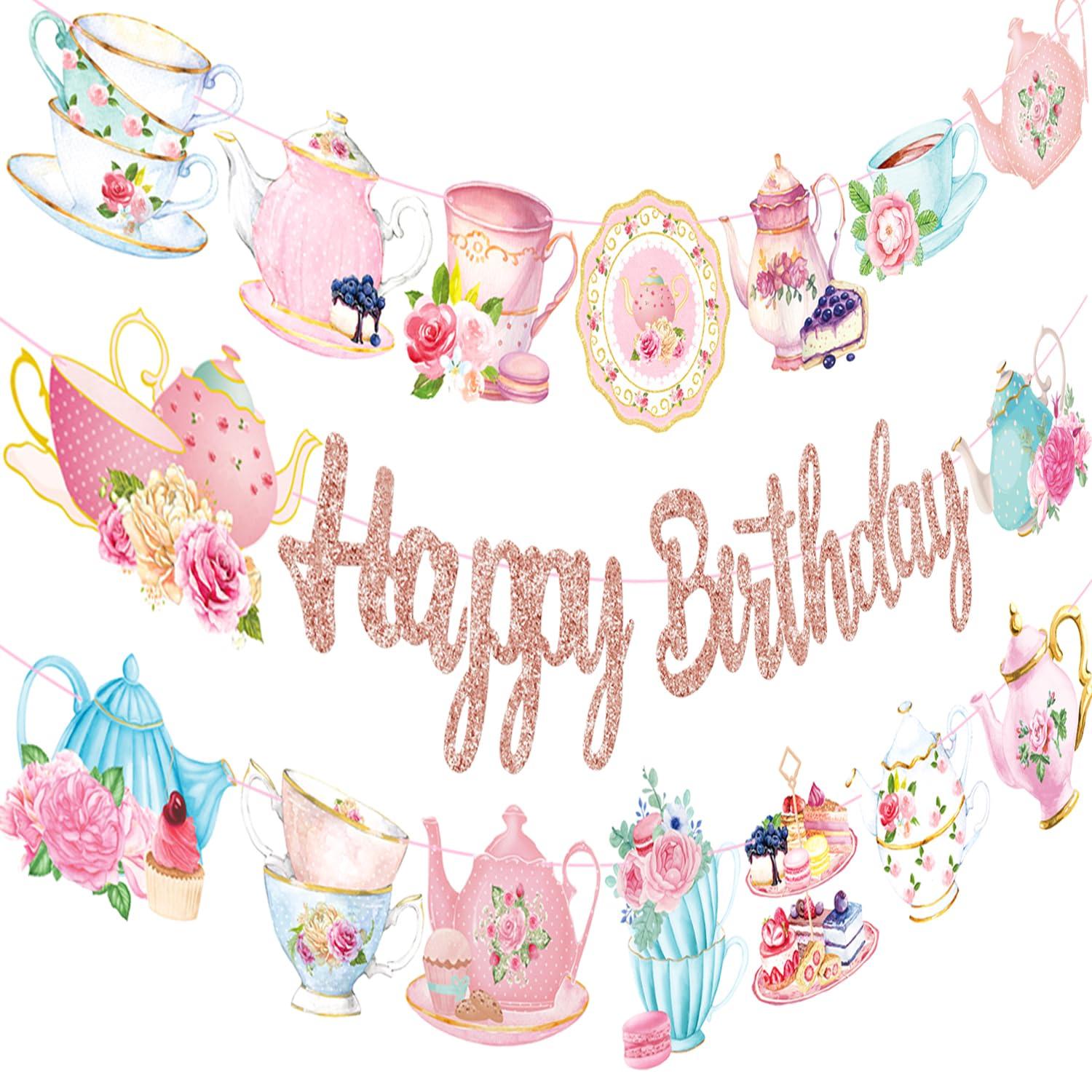 Tea Party Birthday Banner Rose Gold Tea Themed Happy Birthday Banners Floral Mother's Day Party Decoration Teapot Cutout Banner for Afternoon Tea Baby Shower Supplies