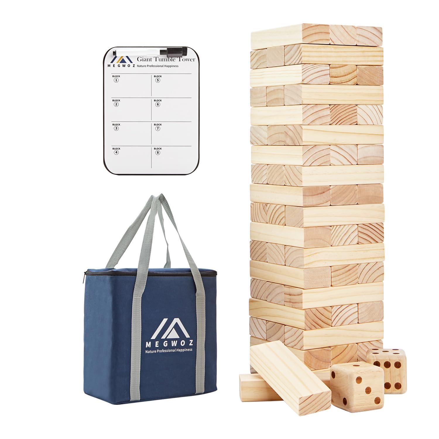 Megwoz Giant Tumble Tower Games for Kids and Adults 57 Blocks New Zealand Pine Wooden Blocks Stacking to Over 4.2FT Family Games for Indoors Outdoors Yard Games for Family