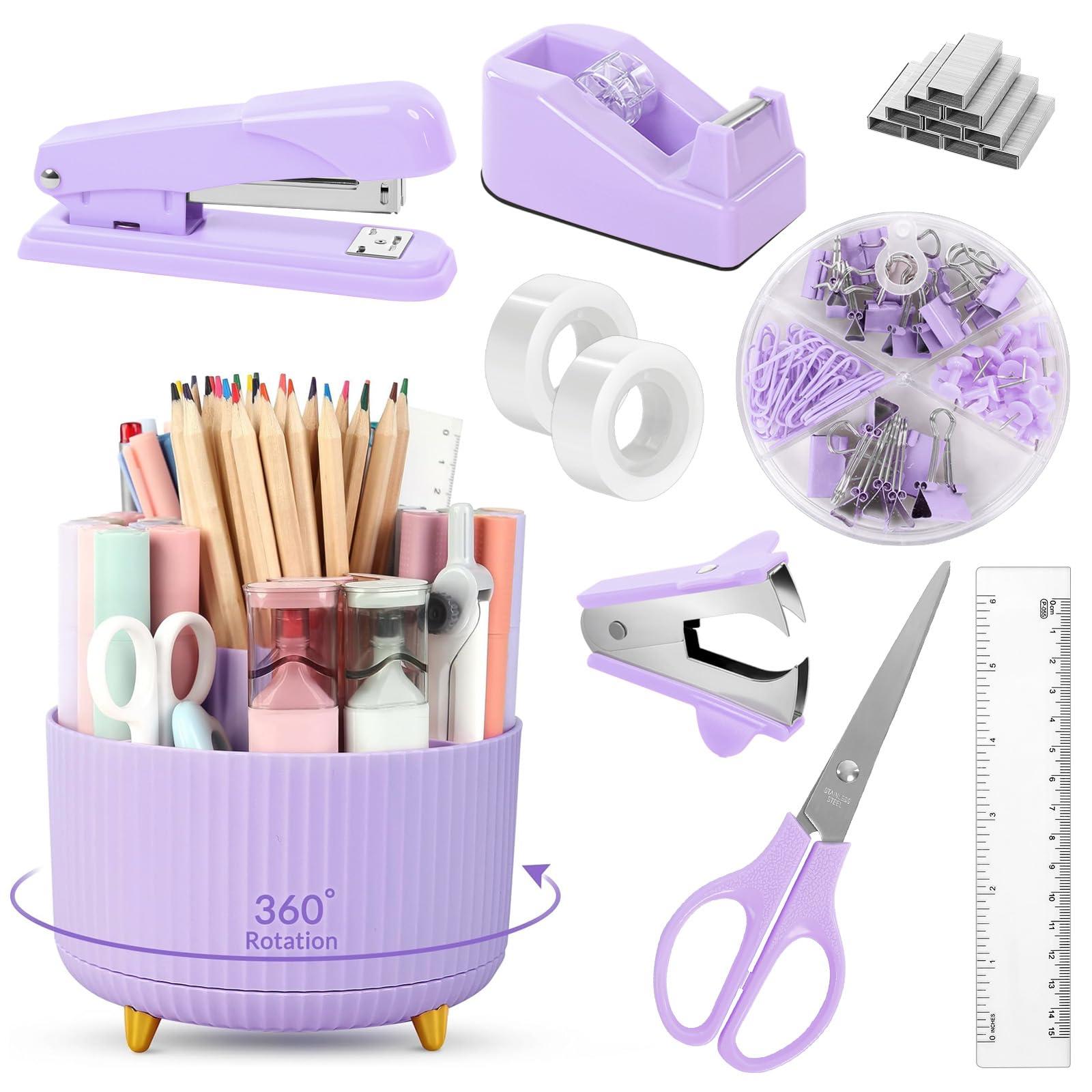 SKYDUE Purple Office Supplies Set, Purple Office Desk Accessories 10PCS, Pencil Holder for Desk, Stapler, Tape Dispenser, Scissors, Ruler, Binder/Paper Clips and 1000pcs Staples,Desk Supplies Set