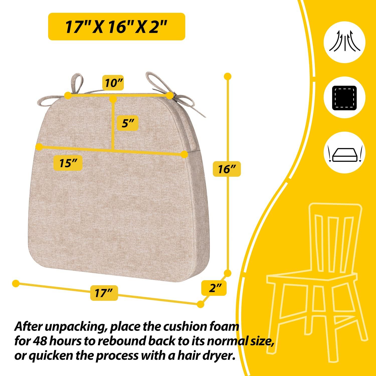 AAAAAcessories D-Shaped Chair Cushions, 2" Thick Dining Chair Pads with Ties and Removable, Machine-Washable Cover, 17" x 16", Set of 4, Beige - Image 2