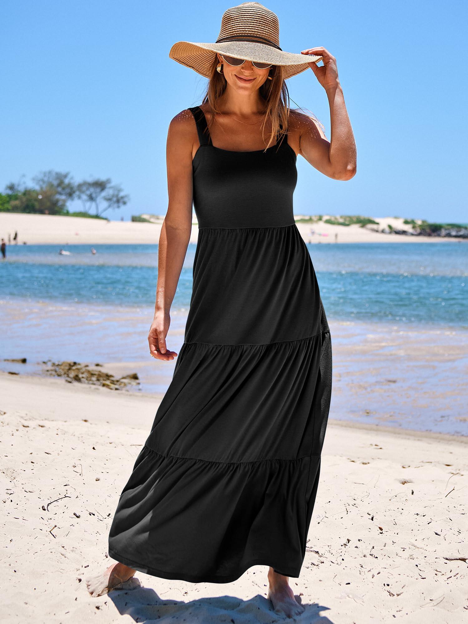 ANRABESS Women's Summer Casual Long Maxi Beach Vacation Dresses Sleeveless Square Neck Flowy Tiered Sun Dress with Pockets - Image 2