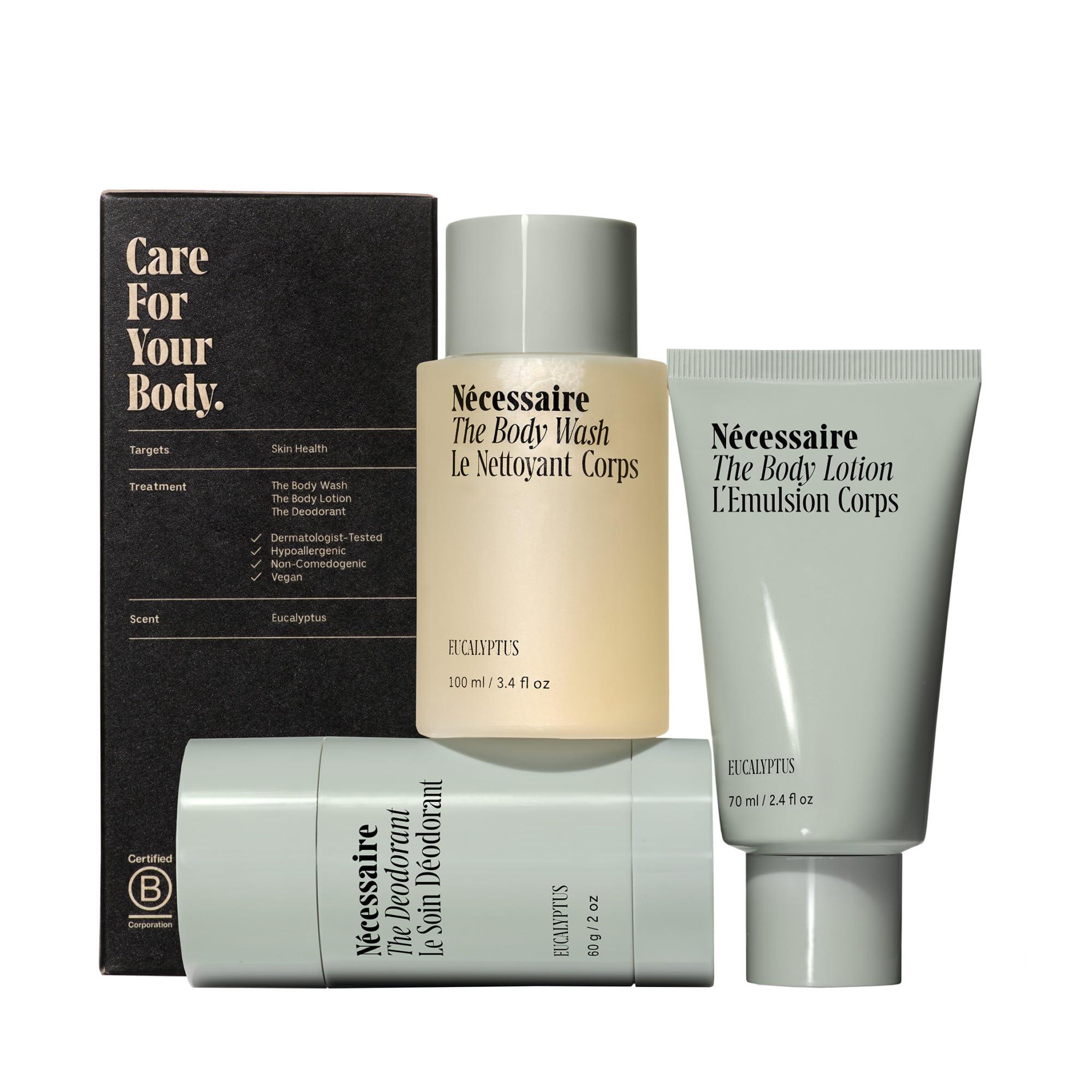 Nécessaire Eucalyptus Body Essentials Set – Travel-Size Body Wash, Body Lotion + Deodorant | For Women + Men | Dermatologist-Tested. Hypoallergenic. Vegan | Aluminum-Free Deodorant