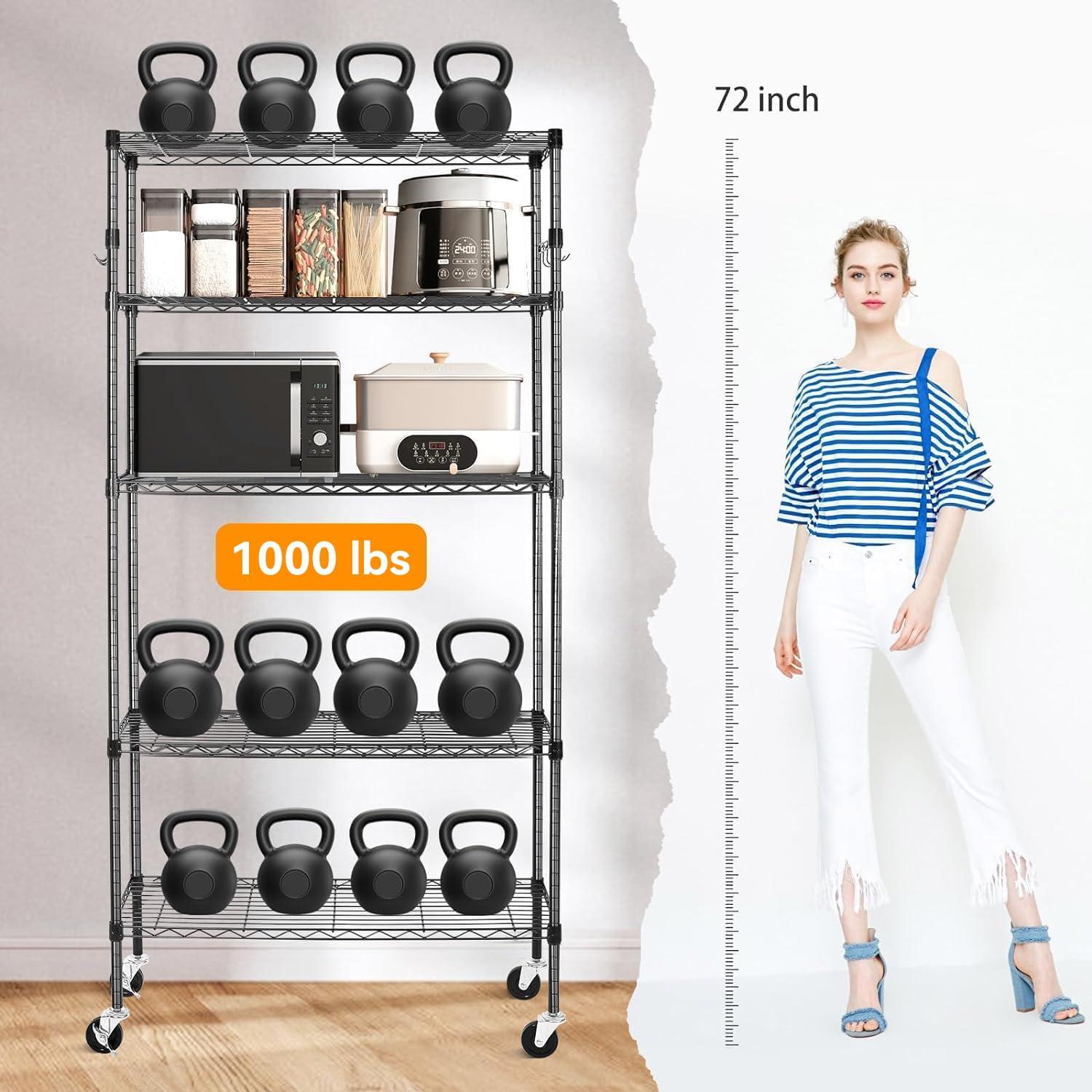 YNN Storage Shelves,1750Lbs 5 Tier Heavy Duty Metal Rolling Shelving Unit with Wheels & 8 Hooks, Adjustable Garage Wire Rack for Kitchen, Bathroom,Industrial,Pantry(36" W x 14" D x 72" H,Black) - Image 4