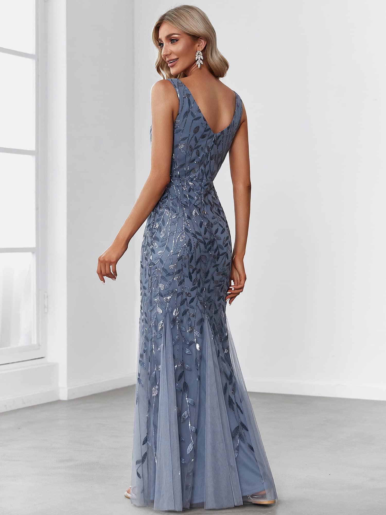Ever-Pretty Women's Formal Dress Sequin Tulle Double V-Neck Sleeveless Mermaid Long Evening Dress 07886 - Image 2
