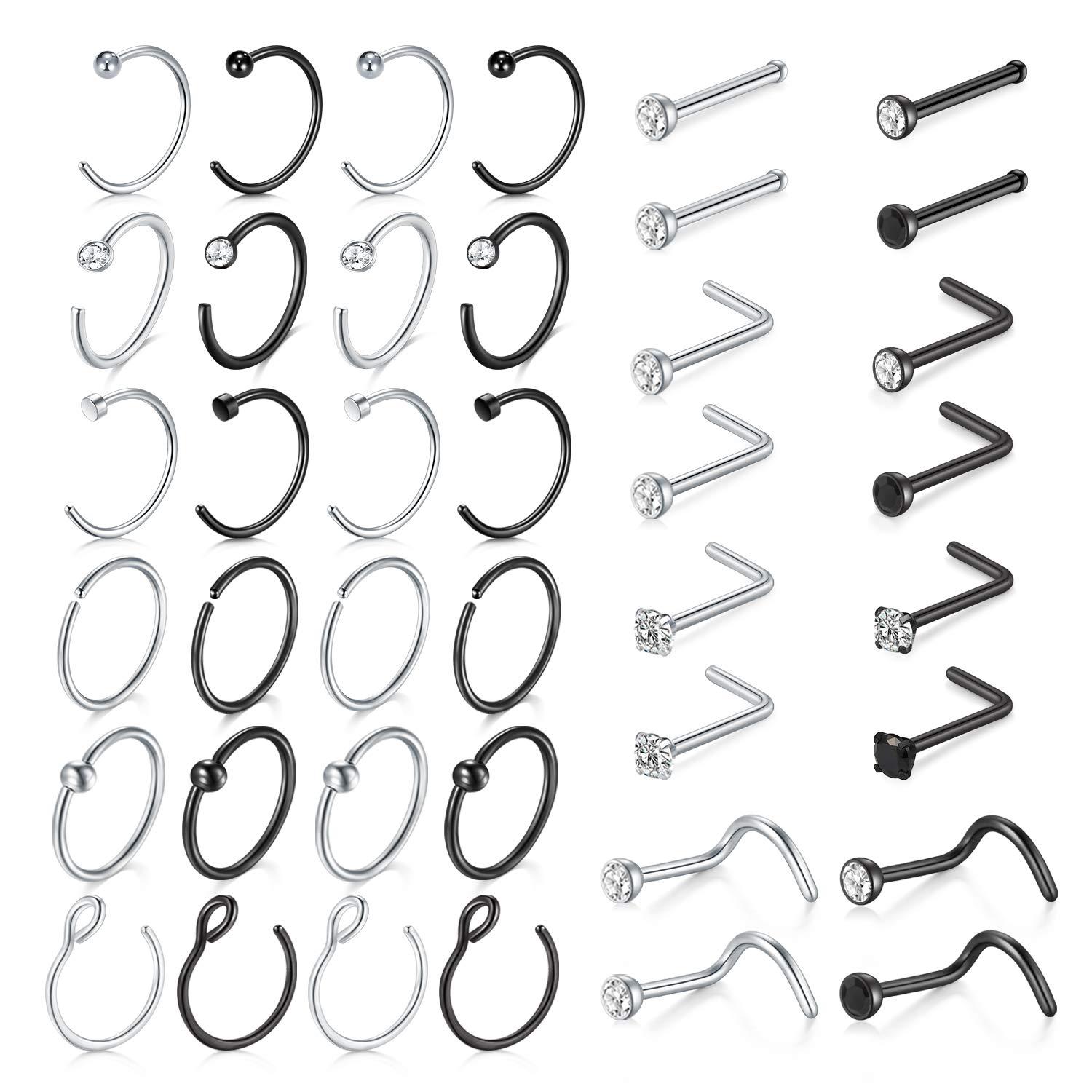 MODRSA 18G Hoop Nose Ring - Surgical Stainless Steel Studs, L Shaped Nose Stud, Piercing Jewelry for Women - Silver, Black