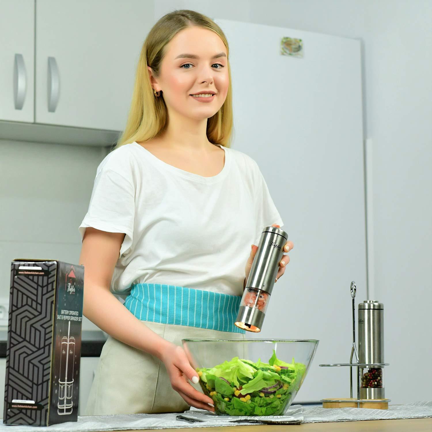 Premium Electric Salt and Pepper Grinder Set with Adjustable Coarseness, Battery-Operated Stainless Steel Design, One-Hand Operation, LED Light, and Spill-Proof Base – Ideal for Kitchen and Dining​ - Image 6