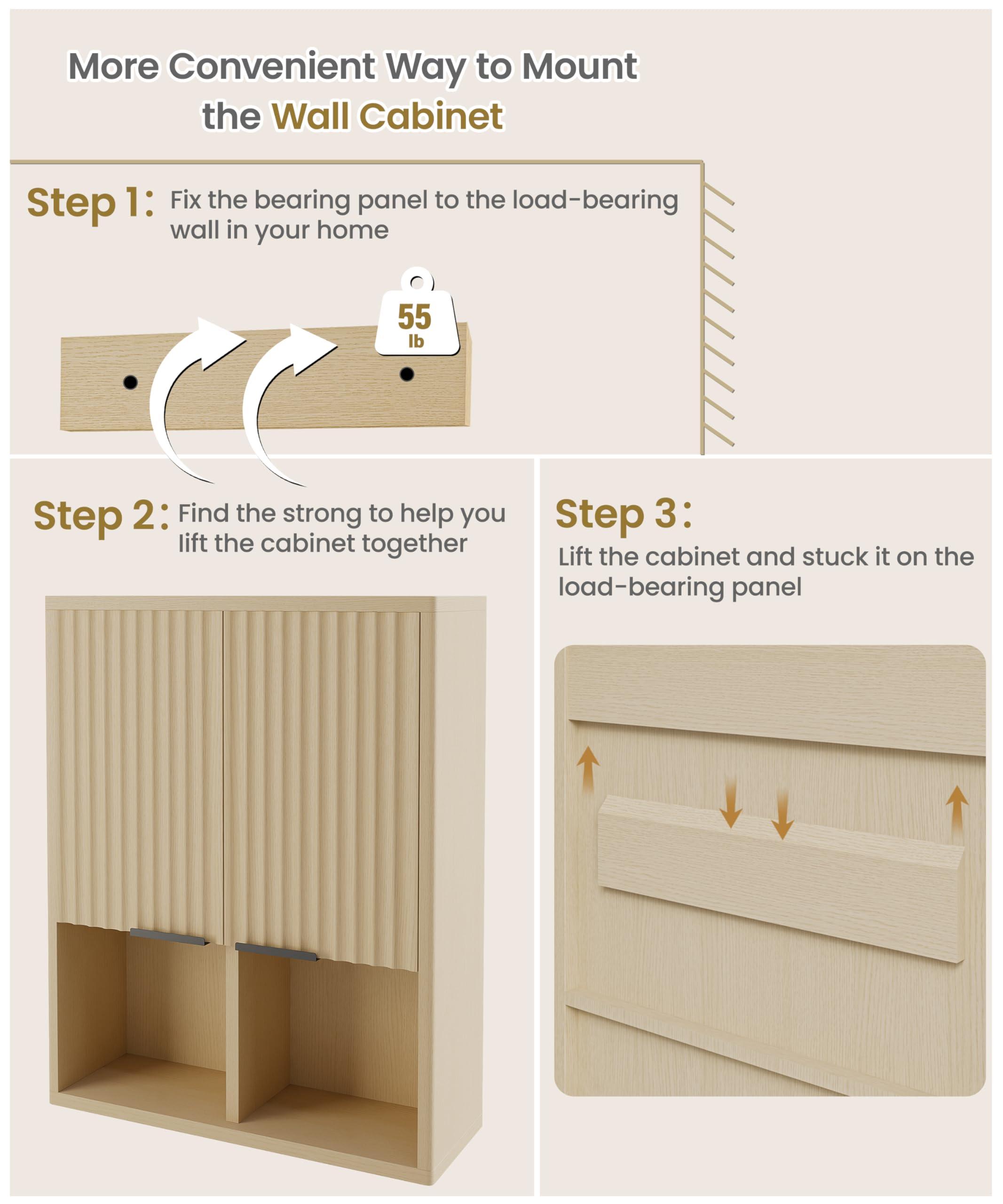 HAIOOU Fluted Bathroom Wall Cabinet with Motion Sensor Light, Curved Profile Wooden Medicine Cabinet Wall Mounted Cupboard, Wave Like Over Toilet Storage Cabinet with Buffering Hinges - Natural - Image 7