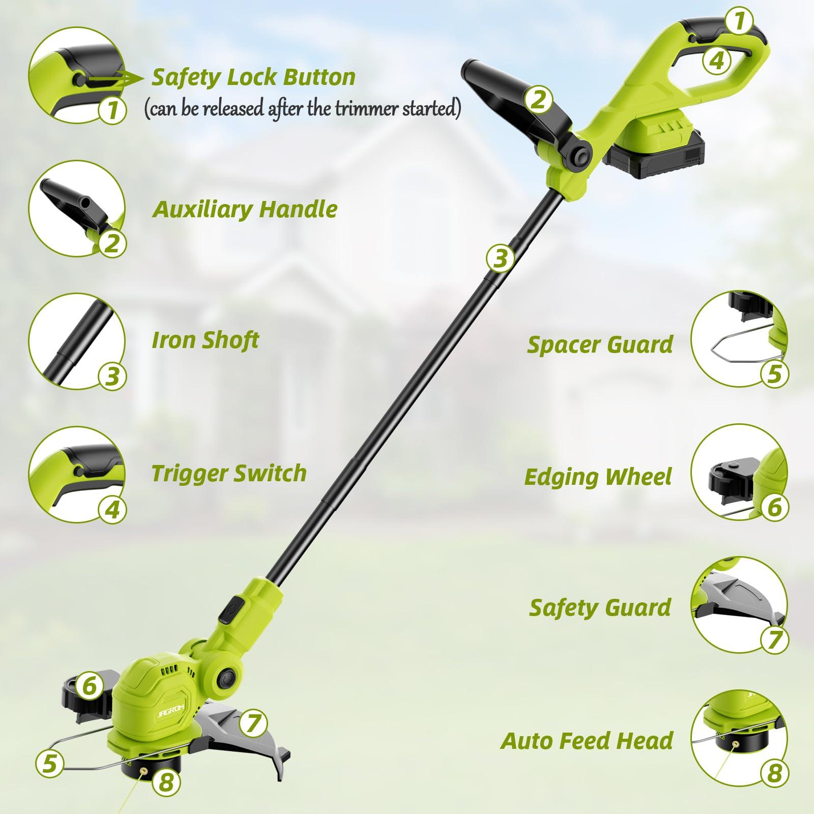 JAGROM 12-inch 20V Cordless String Trimmer with Fast Charger, 2 X 2.0Ah Battery Powered with Auto Line Feed, Lawn Edger with 8 Pcs Grass Cutter Spool Line and 2 Spool Cap - Image 7