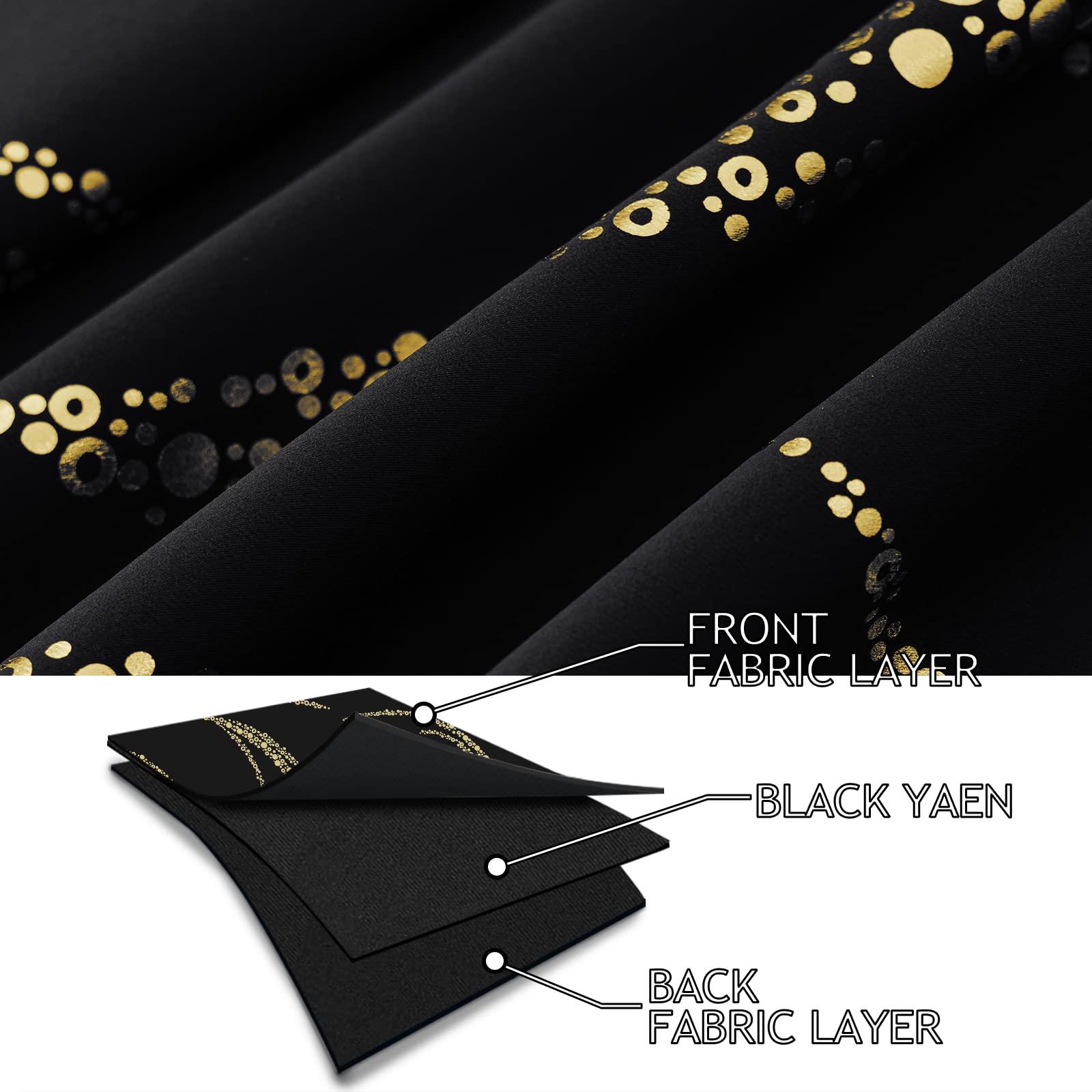 Yakamok Blackout Curtains for Livingroom - Wave Line with Dots Gold Print Design Noise Reducing Thermal Insulated Solid Ring Top Blackout Window Drapes for Livingroom (2 Panels, 52 x 84 Inch, Black) - Image 4