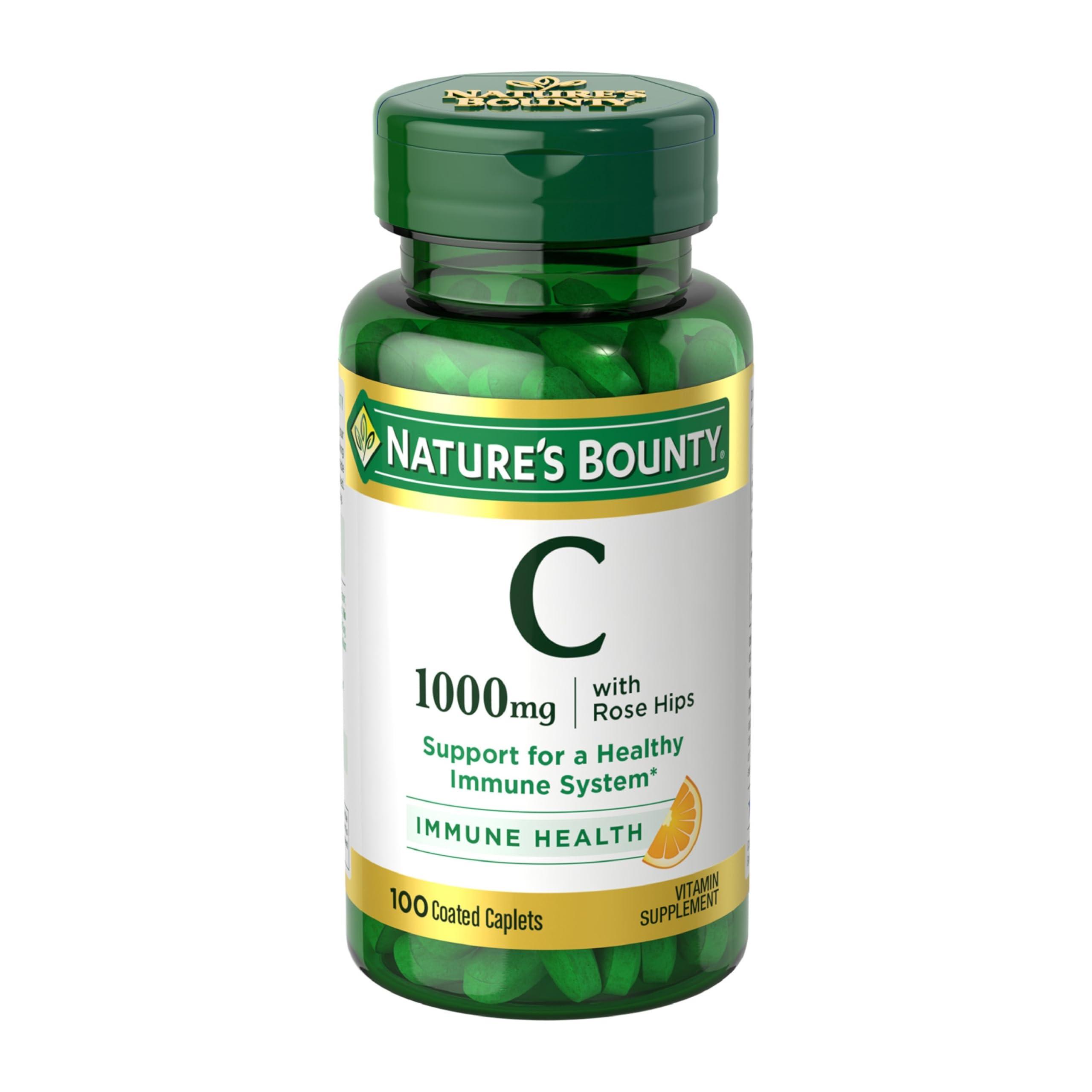 Nature's Bounty Vitamin C + Rose HIPS, Immune Support, 1000mg, Coated Caplets, 100 Ct