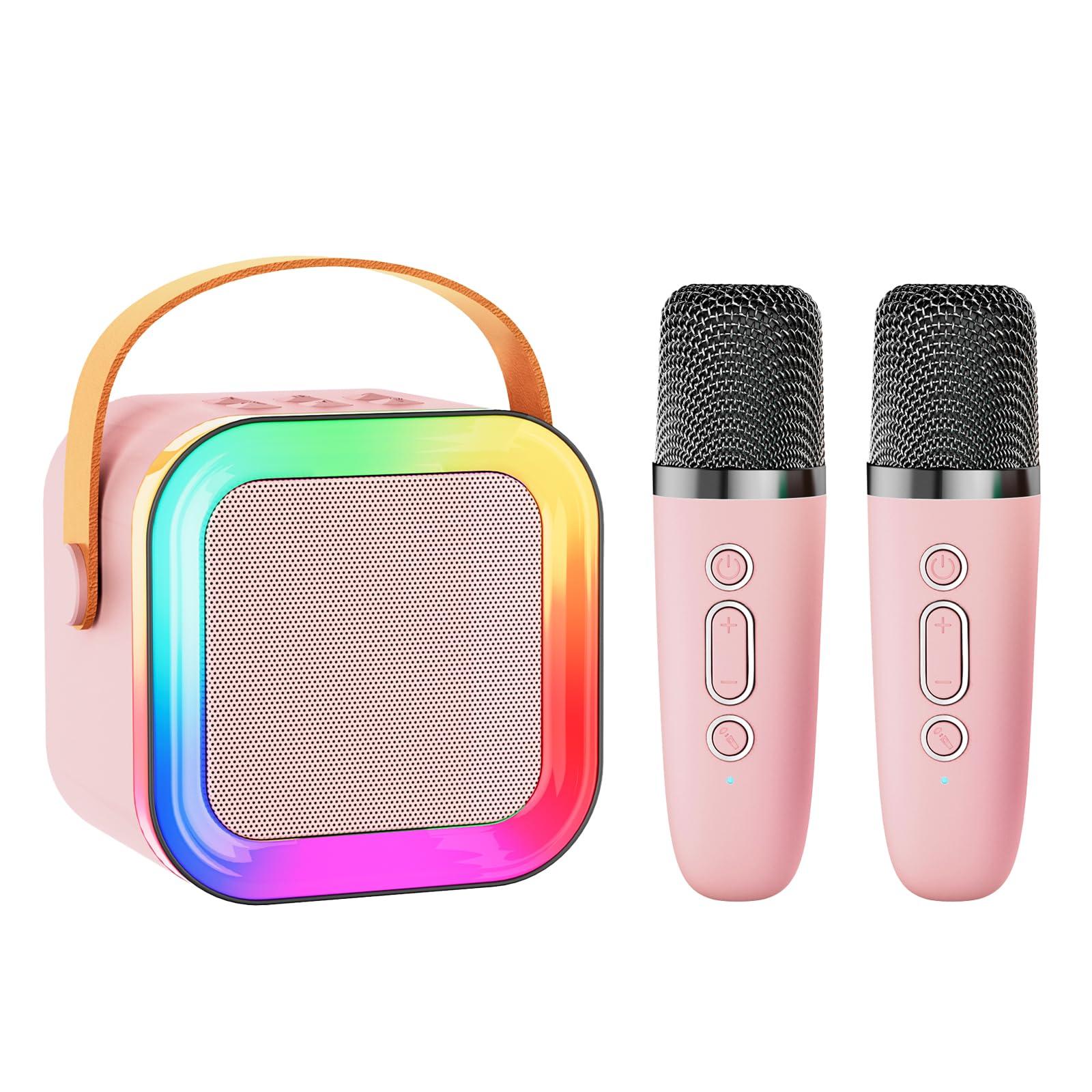 Mini Karaoke Machine Speaker for Kids Adults,Portable Bluetooth with 2 Wireless Microphones,Christmas Birthday Gifts Toys Girls Boys Ages 4, 5, 6,7, 8,9,10,11,12+ Years Old Toddler (Pink - 2 Mic)