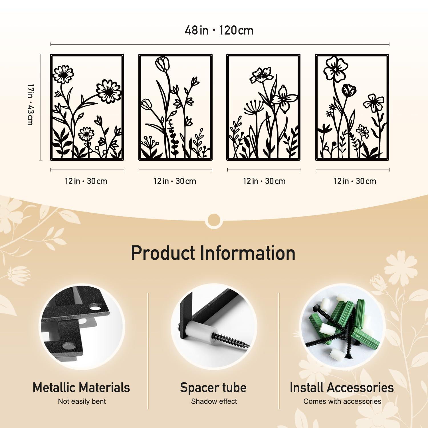 Sokurdeg Black Metal Flowers Wall Decor, Minimalist Floral Wall Hanging Art, Black Abstract Line Wall Art Sculptures for Bedroom Bathroom Living Room (4 Pcs, 12 x 17 in) - Image 3