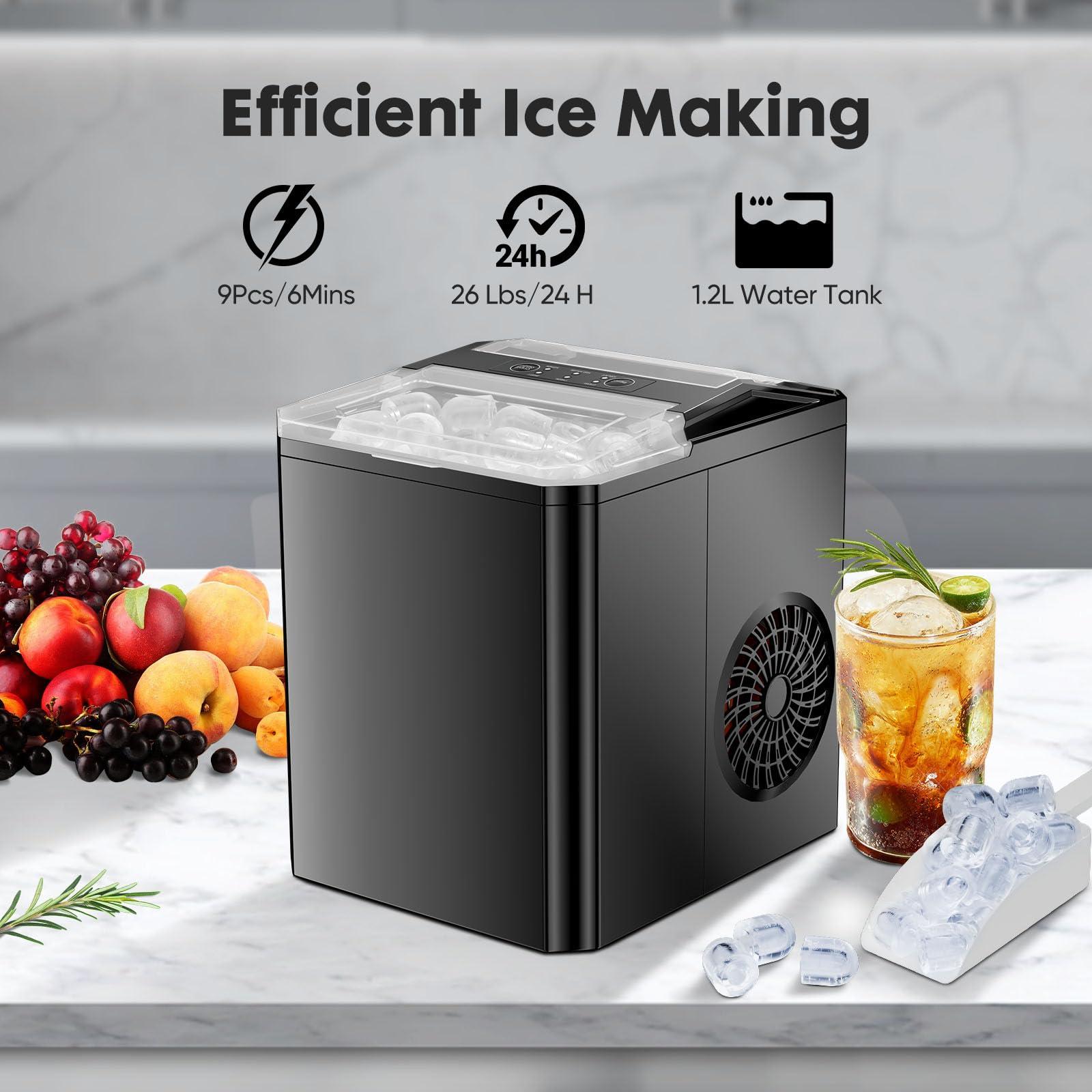 Sweetcrispy Countertop Ice Maker, Portable Ice Machine Self-Cleaning, 9 Cubes in 6 Mins, 26 lbs/24Hrs, 2 Sizes of Bullet Ice for Home Party Office - Image 7