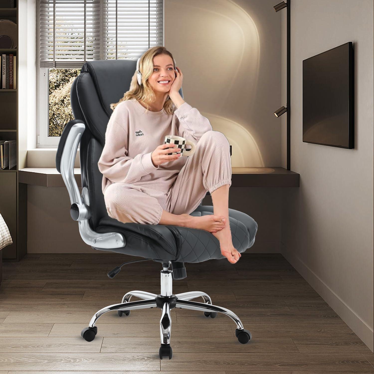 REFICCER Executive Office Chair, High Back Faux Leather Ergonomic Office Desk Chairs with Wheels, 90-120° Rocking Managerial Swivel Home Computer Chairs with Flip up Arms Lumbar Support(Black) - Image 8