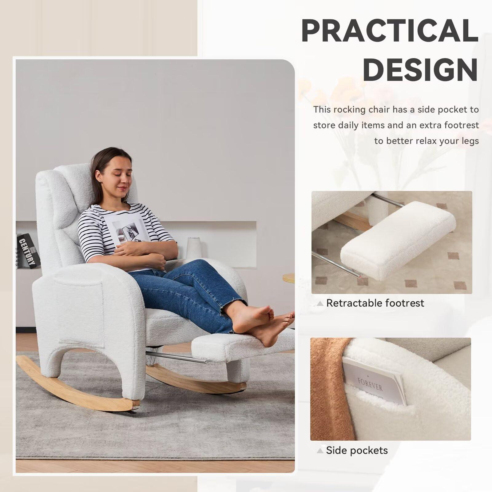 FOXHUNTER Rocking Chair Nursery, Modern Glider Chair with Adjustable Footrest and Solid Wood Legs, High Backrest Nursery Chair with Side Pocket, Rocker Armchair for Living Room Bedroom, Teddy Ivory - Image 5