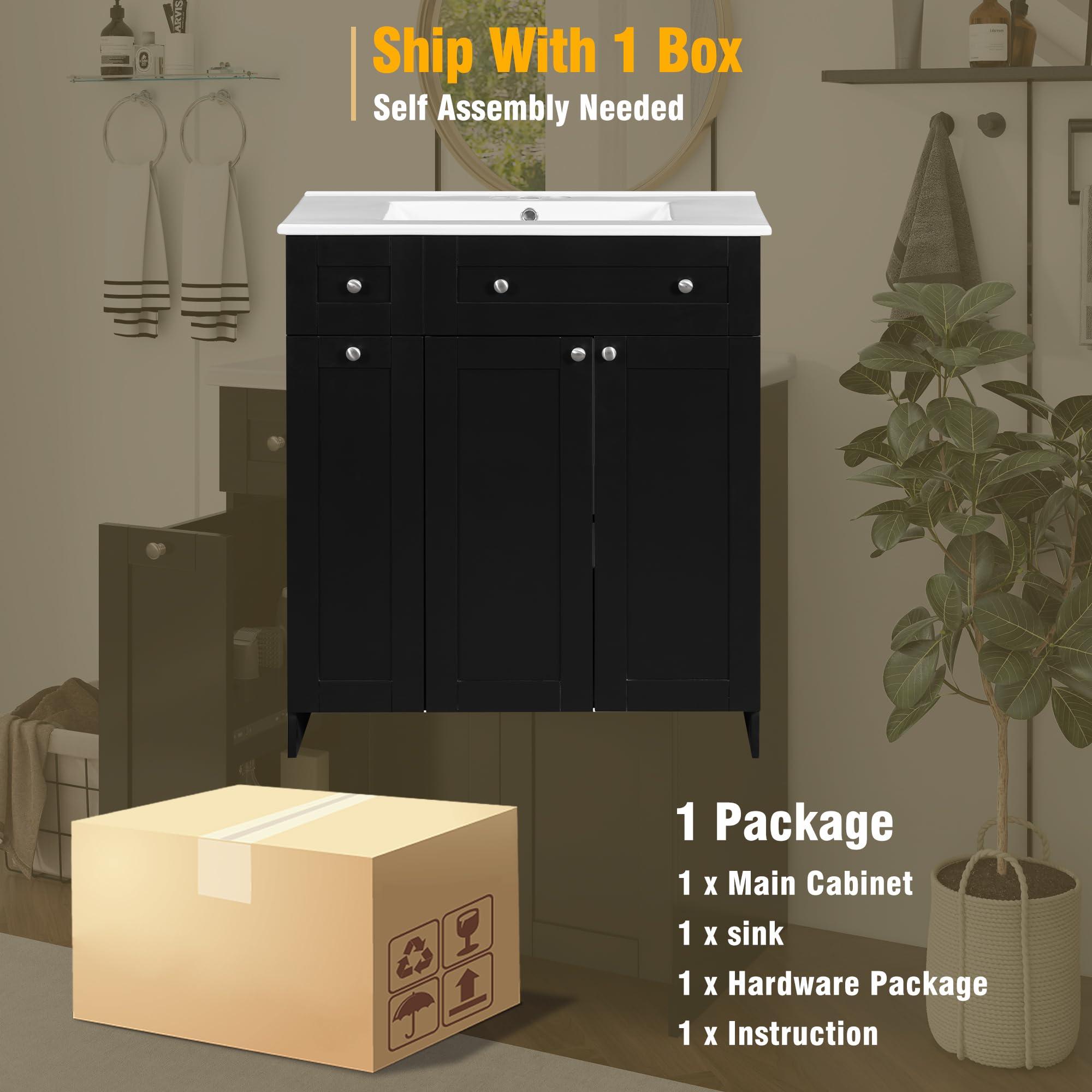 30" Bathroom Vanity with Sink, Modern 30 Inch Vanity with Top for Bathroom, Bathroom Vanity and Sink Combo with Storage Cabinet and Double-Tier Deep Drawer, No Mirro (Black) - Image 9