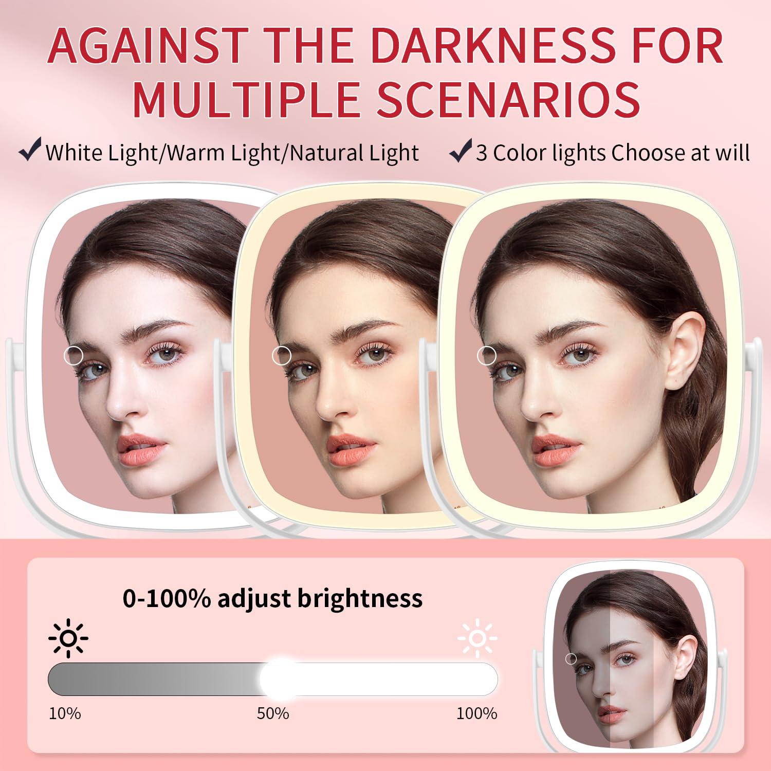 Lighted Makeup Mirror, 2600mAh Rechargeable 1x/10x Magnifying Vanity Mirror, 8.5" Height Adjustable Makeup Mirror with Lights 3 Color, 360° Rotation 2-Sided Light up Large Desk Mirror, Gifts for Women - Image 4