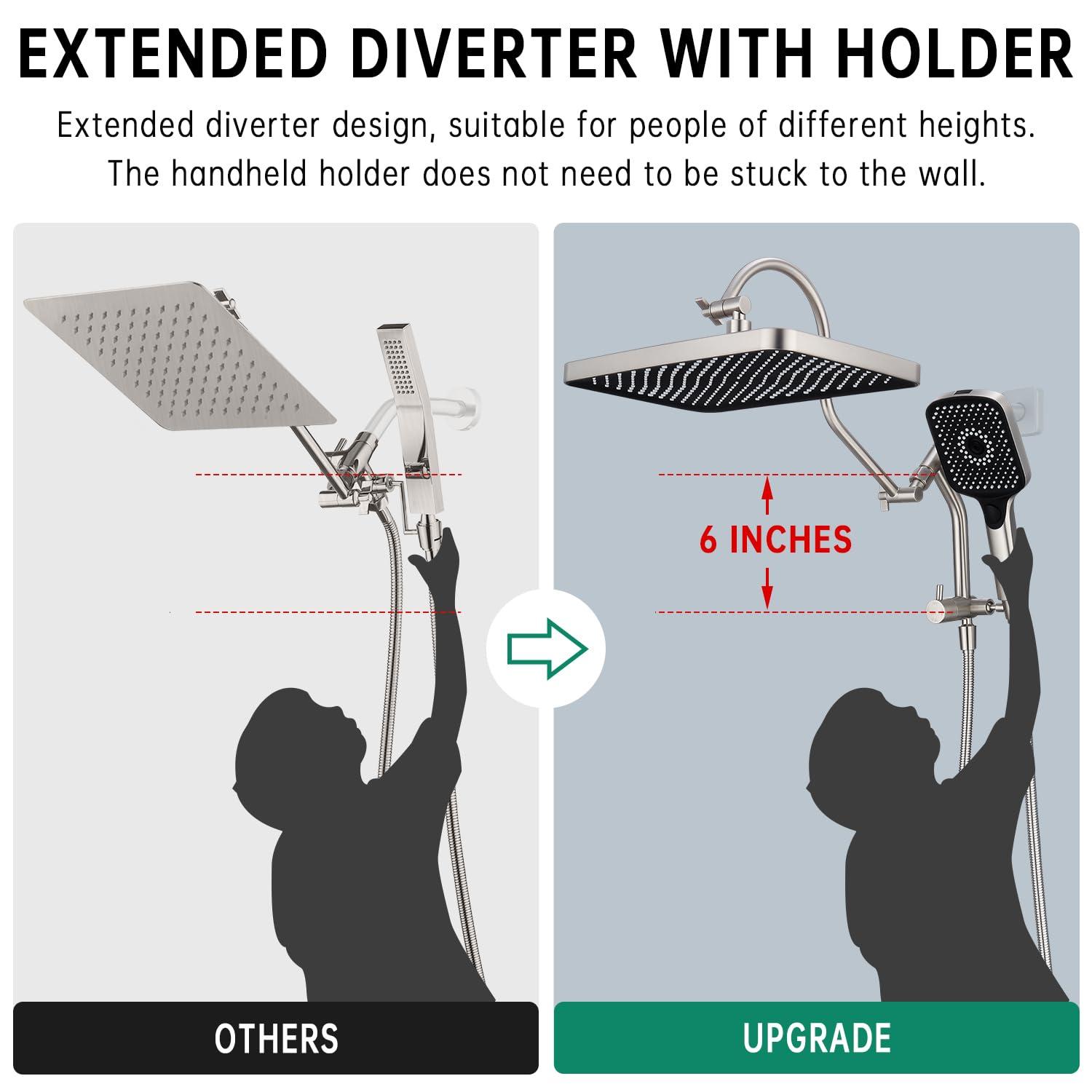 13-Inch Shower Heads with Multi-Function Handheld Sprayer Combo, 3-Way Metal Extended Diverter with Holder and Metal Adjustable Curved Shower Extension Arm, Extra Long Hose Brushed Nickel - Image 3