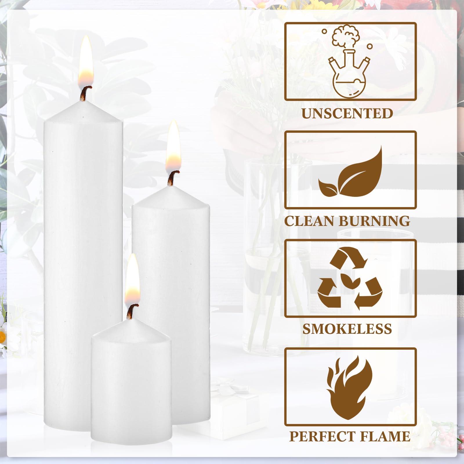 MTLEE 36 Pcs Pillar Candles Bulk Set of 3 Long Burning Wax Pillar Candles 2 in x 3, 6, 8 Inch Dripless Unscented Smokeless for Wedding Party Spa Lantern Fireplace Home(White) - Image 4