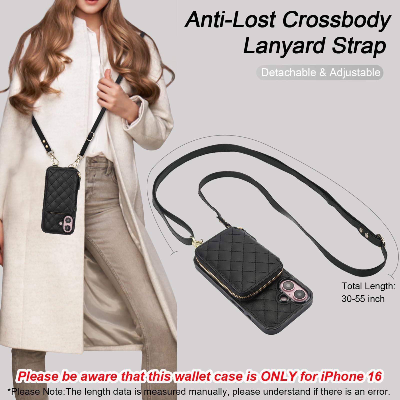 Bocasal Crossbody Wallet Case for iPhone 16, RFID Blocking PU Leather Zipper Handbag Purse Flip Cover, Kickstand Folio Case with Card Slots Holder Wrist Strap Lanyard 5G 6.1 Inch (Black) - Image 5