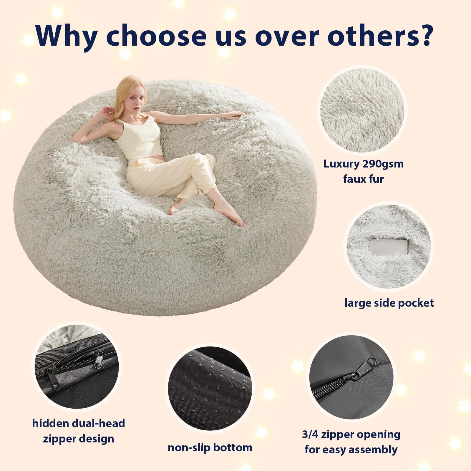 Bean Bag Chair Cover, Waterproof Faux Fur Bean Bag Cover Only(No Filler), 5FT Round Beanbag Chair with Pocket, Big Giant Bean Bags Chairs for Adults Kids Teens, Stuffed Animal Storage - Image 4
