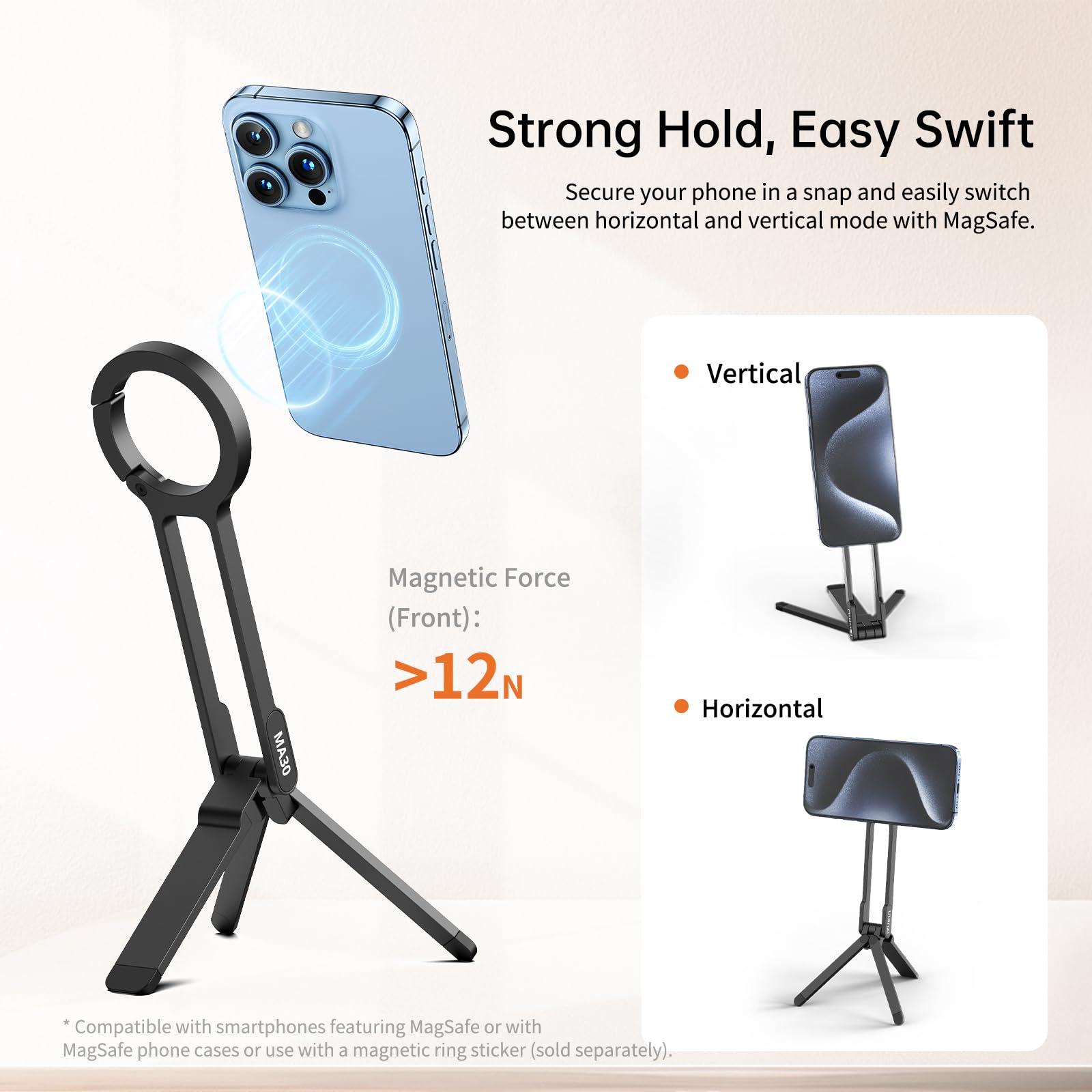 ULANZI MA30 Magnetic Phone Tripod Stand for iPhone - Aluminium Maglock Smartphone Mini Tripod Pocket Cell Phone Stand Strong Magnet Quick Mount Compatible with iPhone 16 15 14 13 12 Series, Black - Image 3