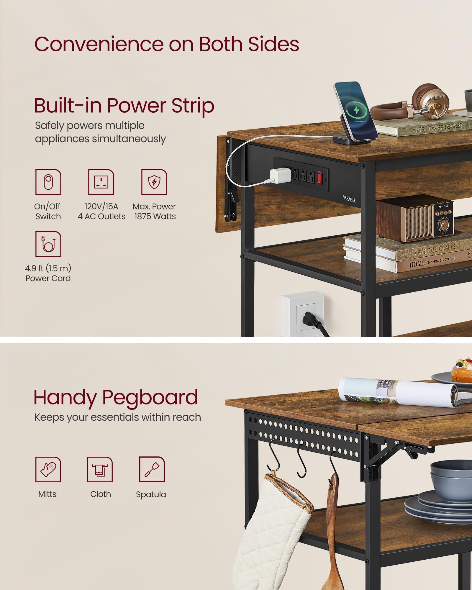 VASAGLE Kitchen Island with Drop Leaf, 47.2" Width Rolling Kitchen Cart with Power Strip, Extendable Worktop, Workbench,Pegboard, Adjustable Shelf, Rustic Brown and Ink Black UKKI013K01 - Image 5
