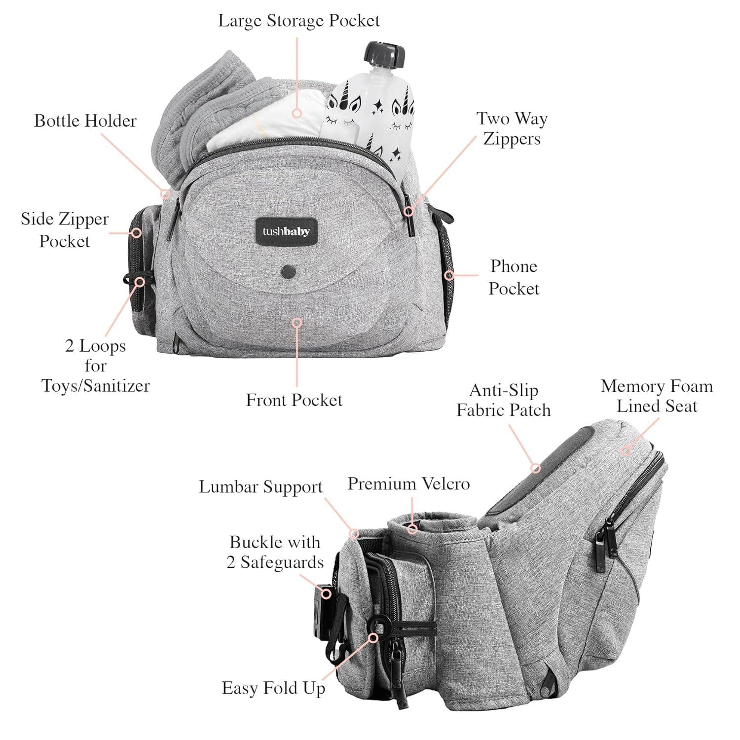 Tushbaby The Original Safety-Certified Hip Carrier for Babies & Toddlers: Machine Washable Child Waist Seat with Pocket Storage, As Seen on Shark Tank (23”-44” Waist, 0-3 yrs up to 45lbs) – Grey - Image 5