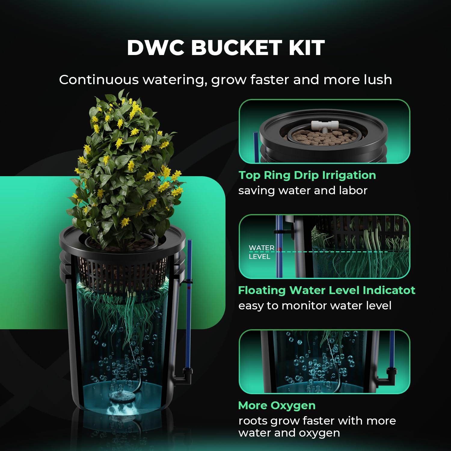 Mars Hydro DWC Hydroponics Grow System 5 Gallon Deep Water Culture with 8W Air Pump, Multi-Purpose Air Hose, Air Stone, 2 Buckets and Top Drip Kit - Image 4