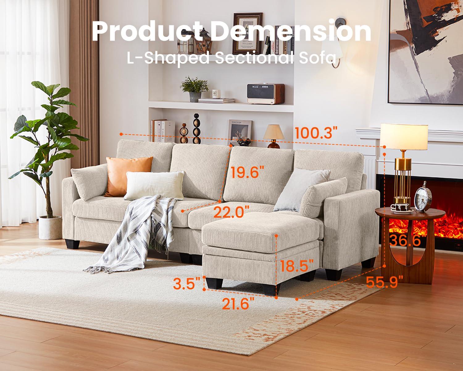 CHIC HOUSE Corduroy Modular Sectional Couch with Ottoman Chaise, L/U Shaped Sleeper Sofa for Living Room, Apartment, Lounge, Modern Armrest Neck Support Furniture (5 Seater Sectional, Beige) - Image 2