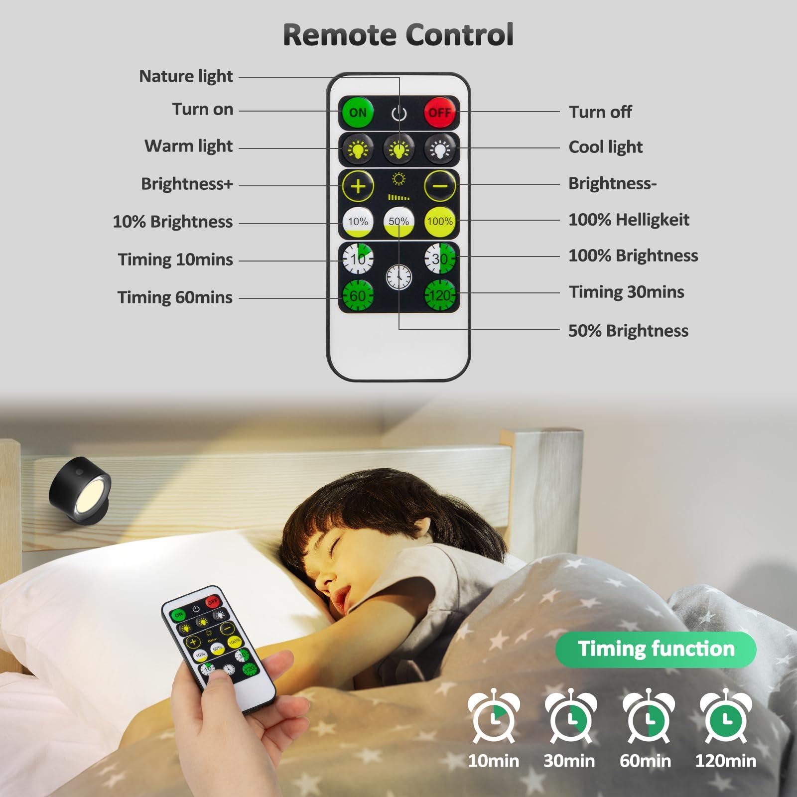 Lightbiz LED Wall Mounted Lights 2 Pcs with Remote, Wall Sconces Lamp 3000mAh Rechargeable Battery Operated, 3 Color Temperatures & Dimmable Magnetic 360° Rotation Cordless Light for Bedroom Bedside - Image 4