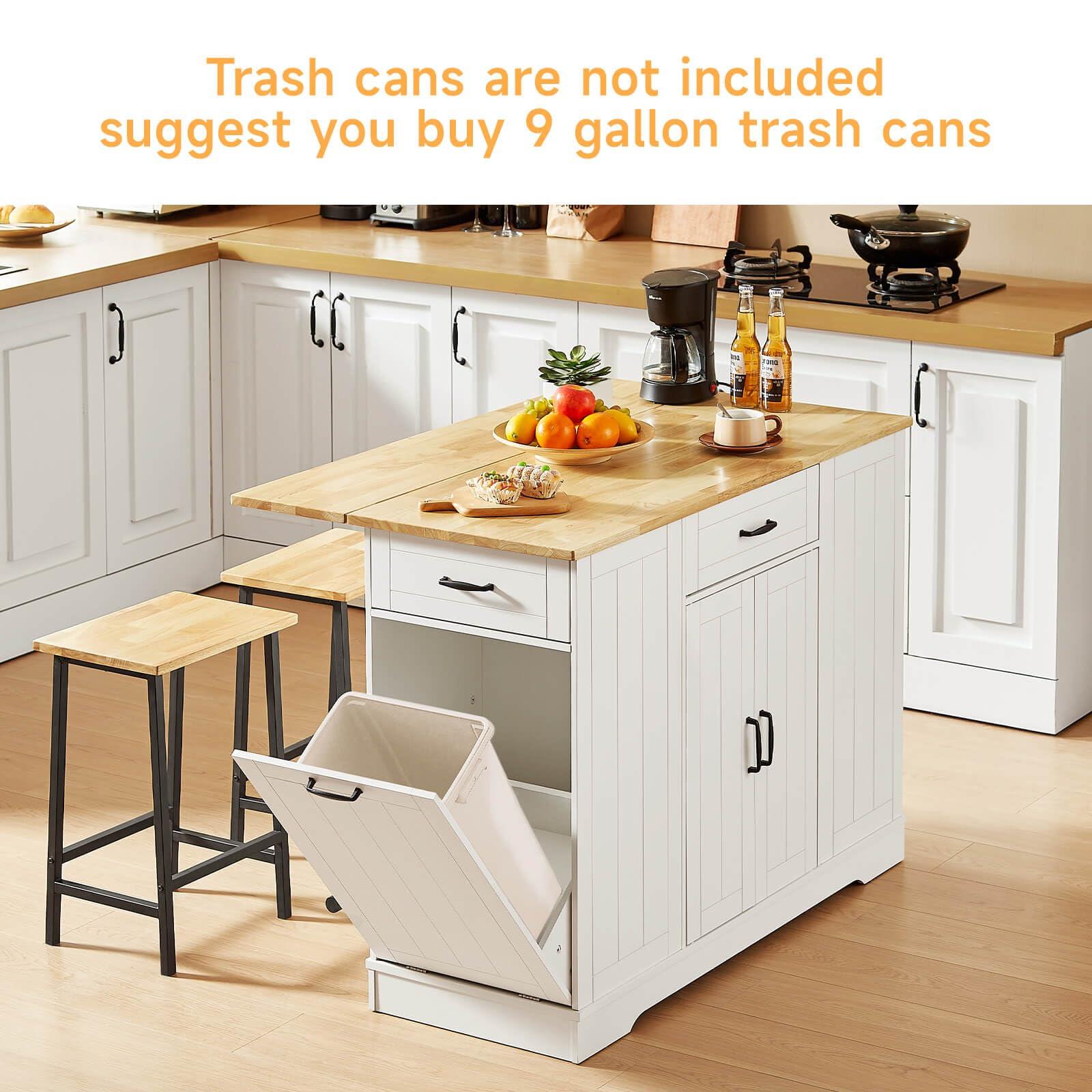 ONBRILL Stationary Kitchen Islands Include 2 Chairs, 47" Kitchen Island with Drop Leaf, Home Bar Table with Spice Rack & with Trash Cabinet, Island Table for Dining Room with Power Outlet, White - Image 4