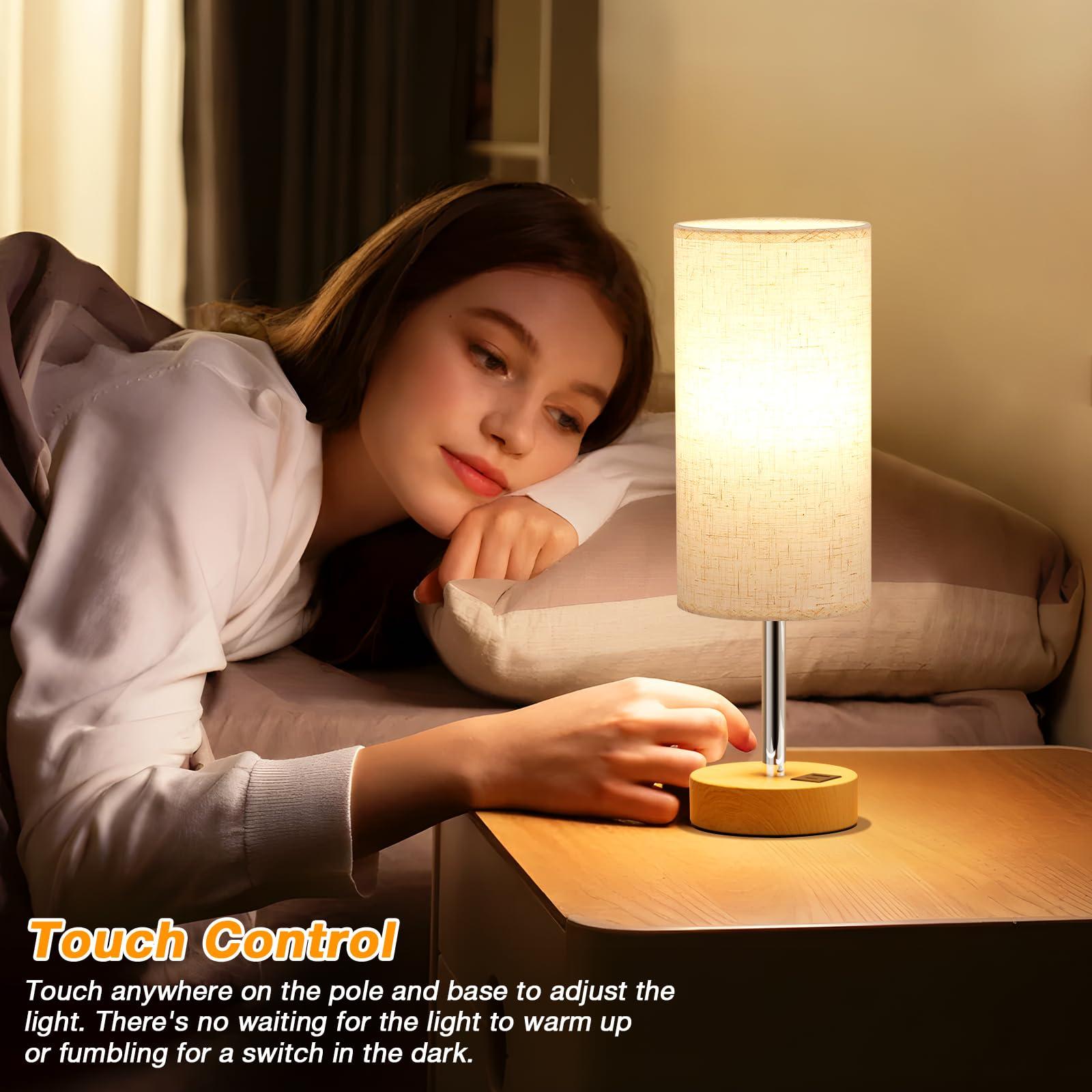 Touch Bedside Table Lamp with USB - 3 Way Dimmable Wood Lamp for Bedroom Nightstand, Desk Lamp with Charging Station for Dorm, Living Room, Office, Kids Room, Nursery, Small - Image 2