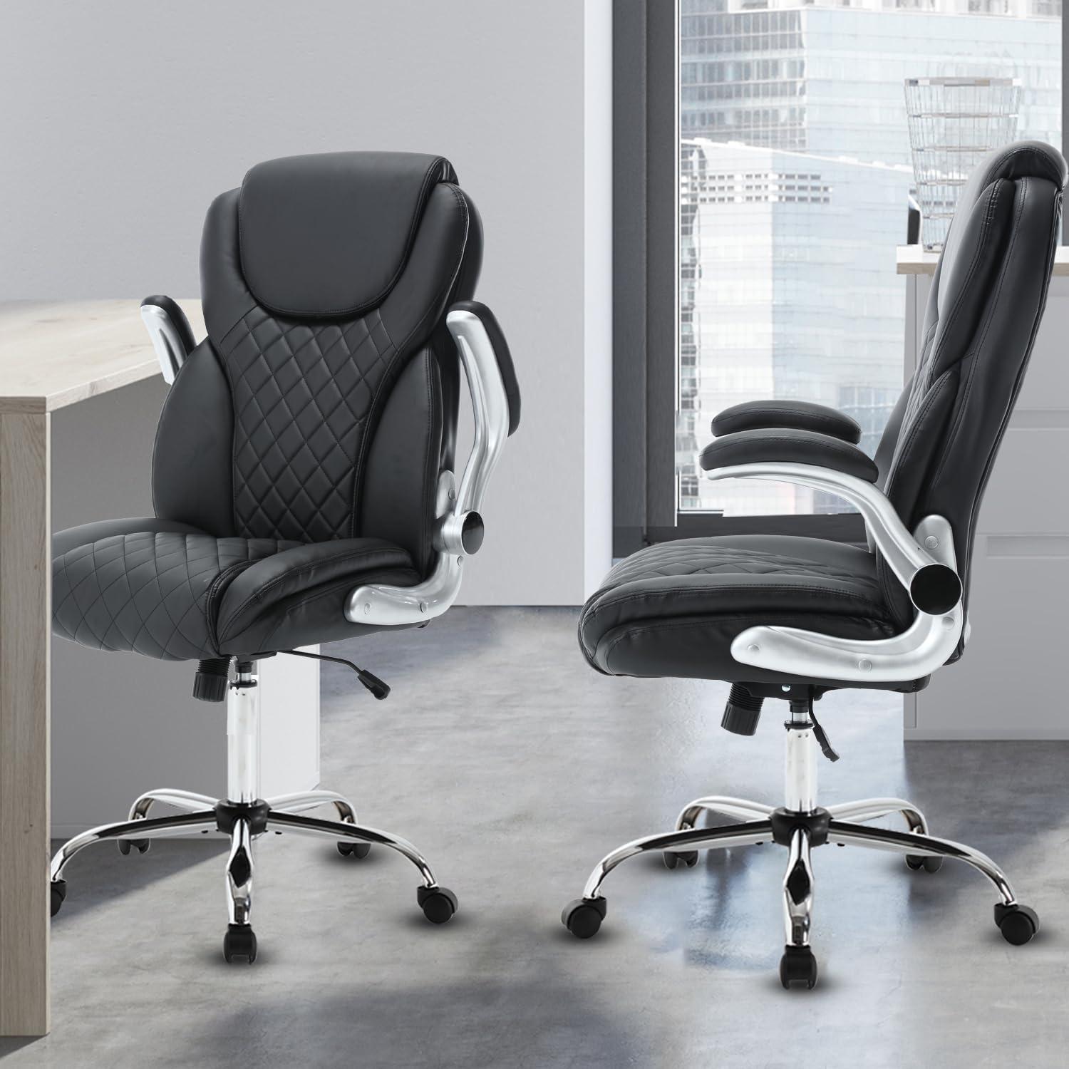 REFICCER Executive Office Chair, High Back Faux Leather Ergonomic Office Desk Chairs with Wheels, 90-120° Rocking Managerial Swivel Home Computer Chairs with Flip up Arms Lumbar Support(Black) - Image 9