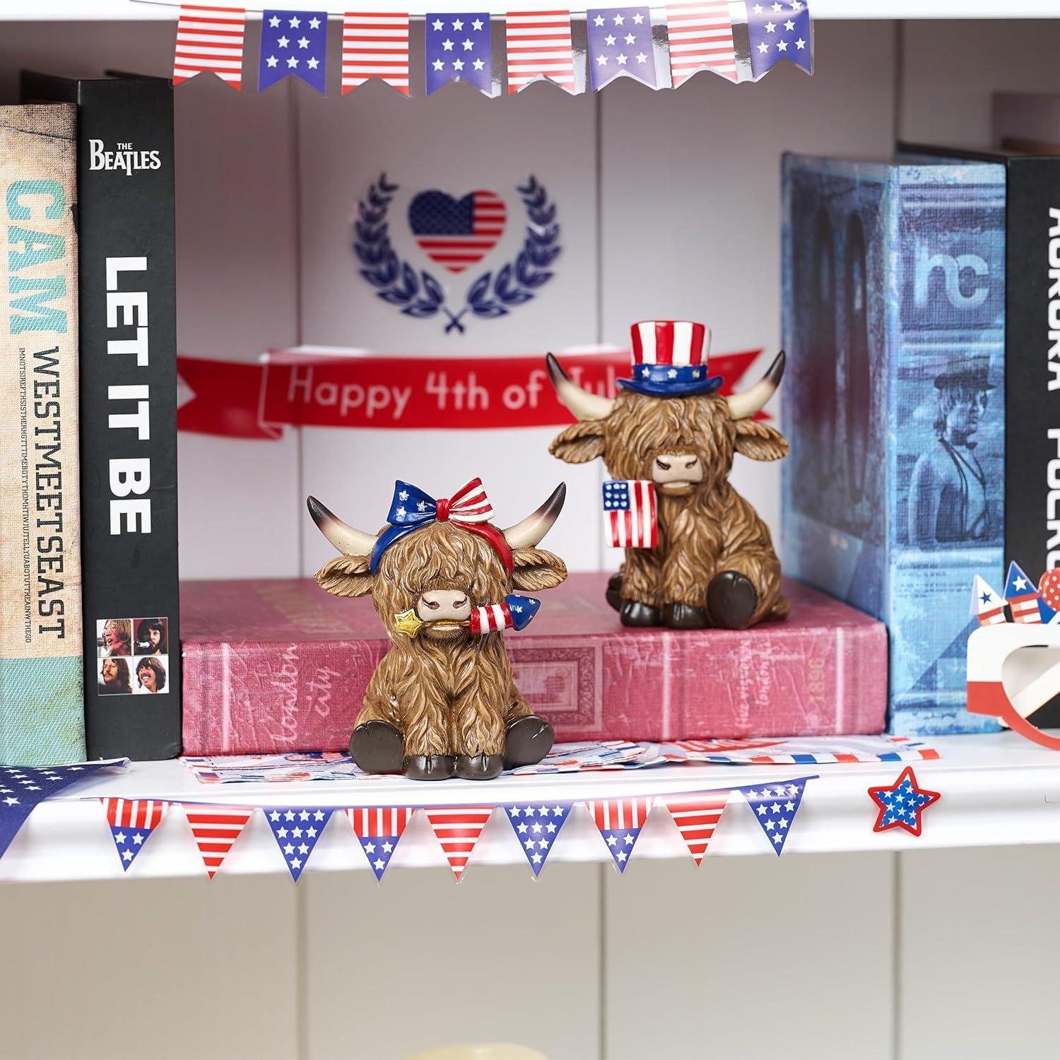 4th of July Decorations, Highland Cow Patriotic Decoration, High Mountain Yak Figurines Garden Outdoor Yard Decorations, Memorial Day Independence Day Home Decor (A + B - Large) - Image 2